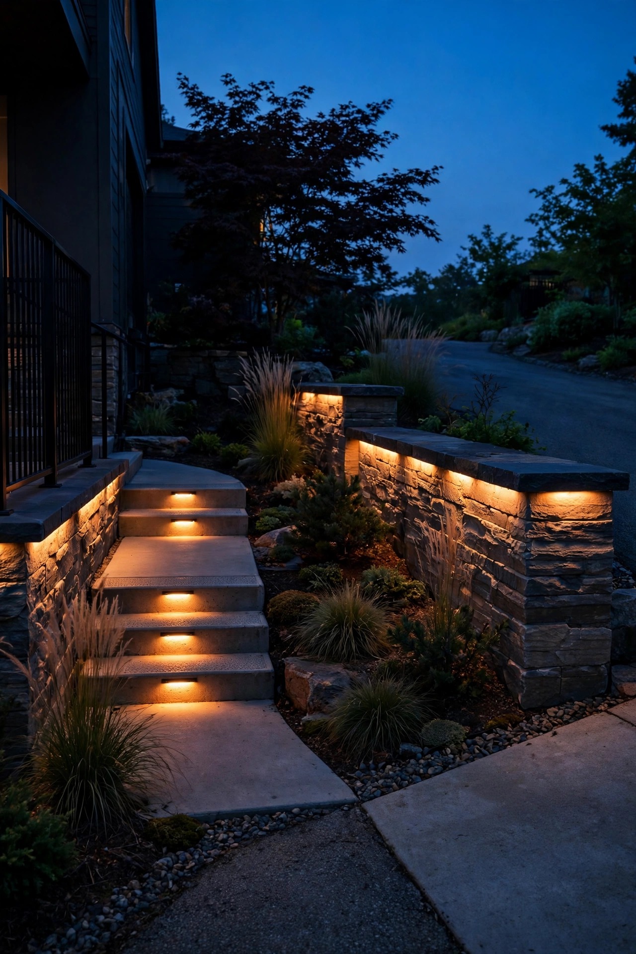 recessed step lights and under-cap retaining wall lights glowing warmly where a driveway meets a front walk at dusk