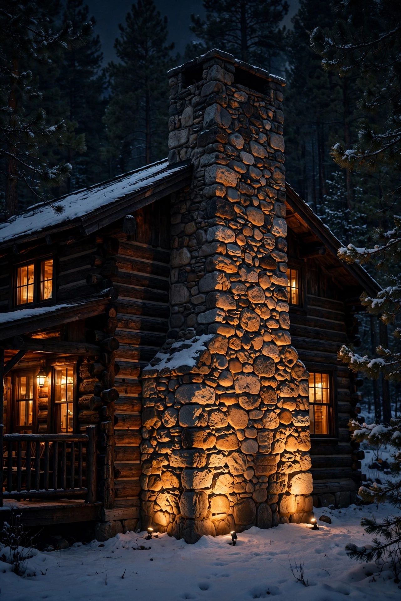 Stone chimney of a rustic cabin washed with warm uplighting at night, snow on the ground