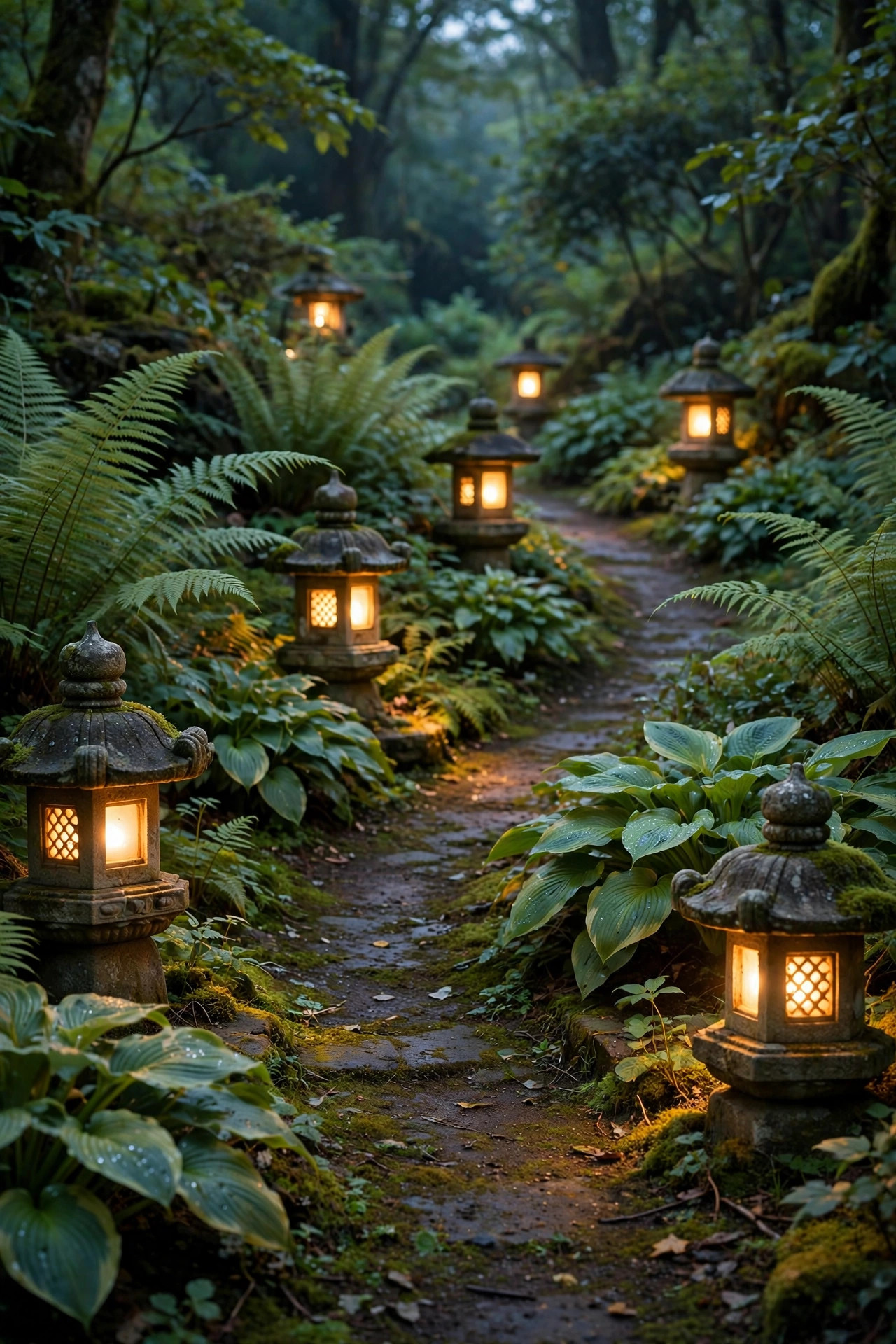 Weathered stone lanterns glowing softly along a curved woodland garden path surrounded by ferns and hostas