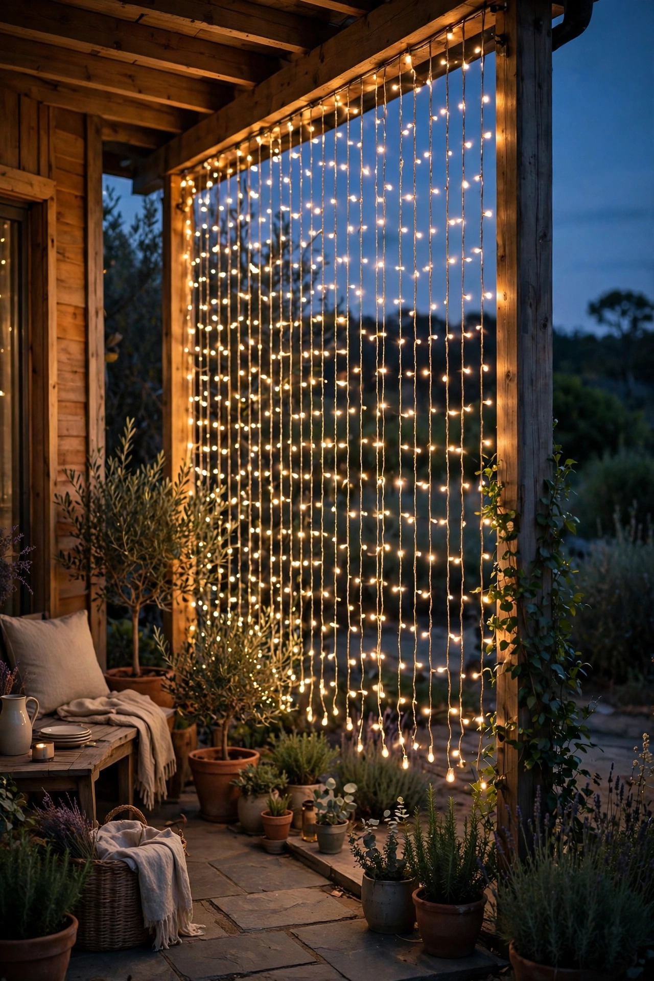Curtain of warm string lights hanging along the open side of a small guest house patio at dusk