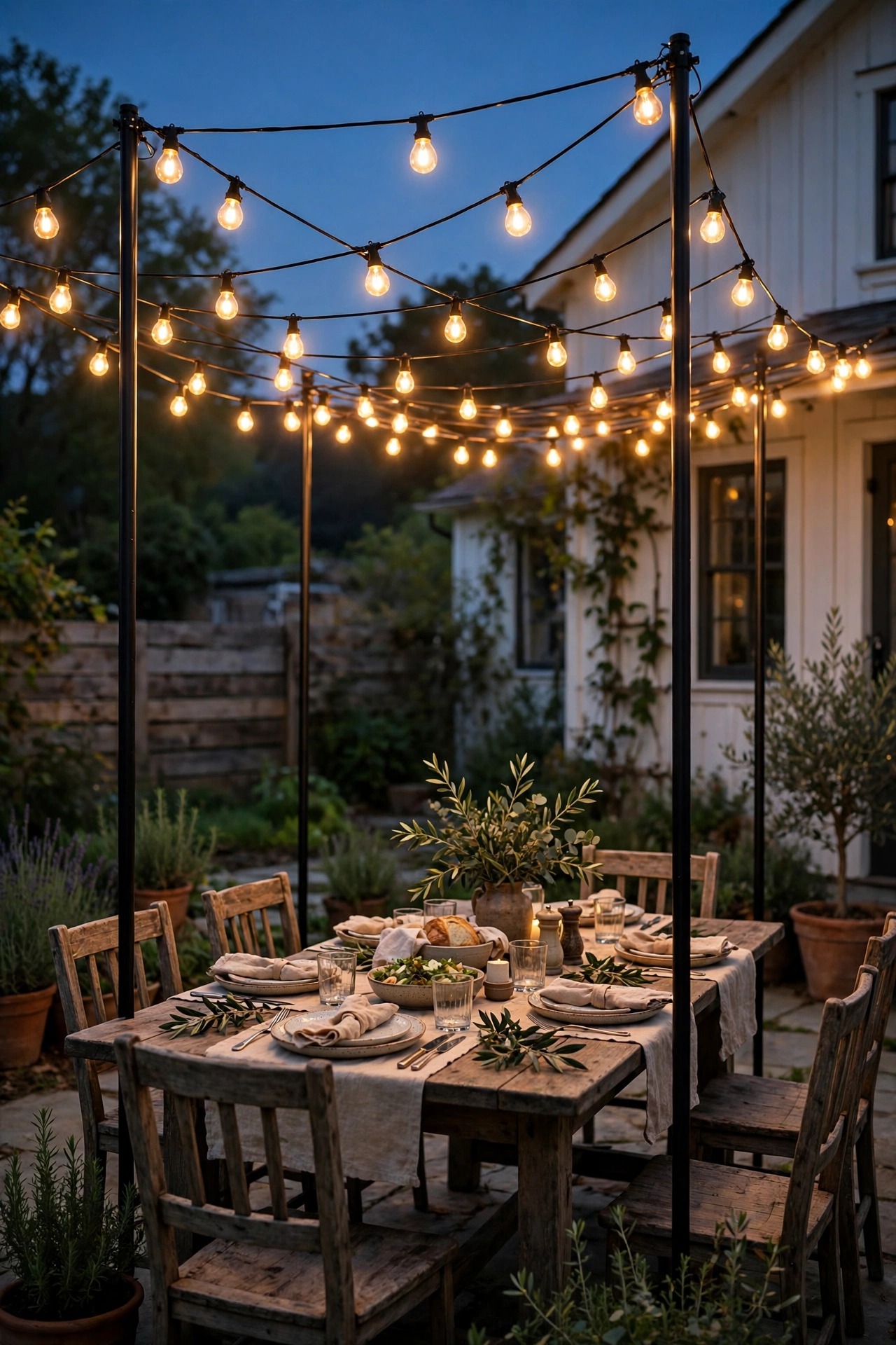 Black string light poles creating a glowing canopy over a farmhouse backyard dining table