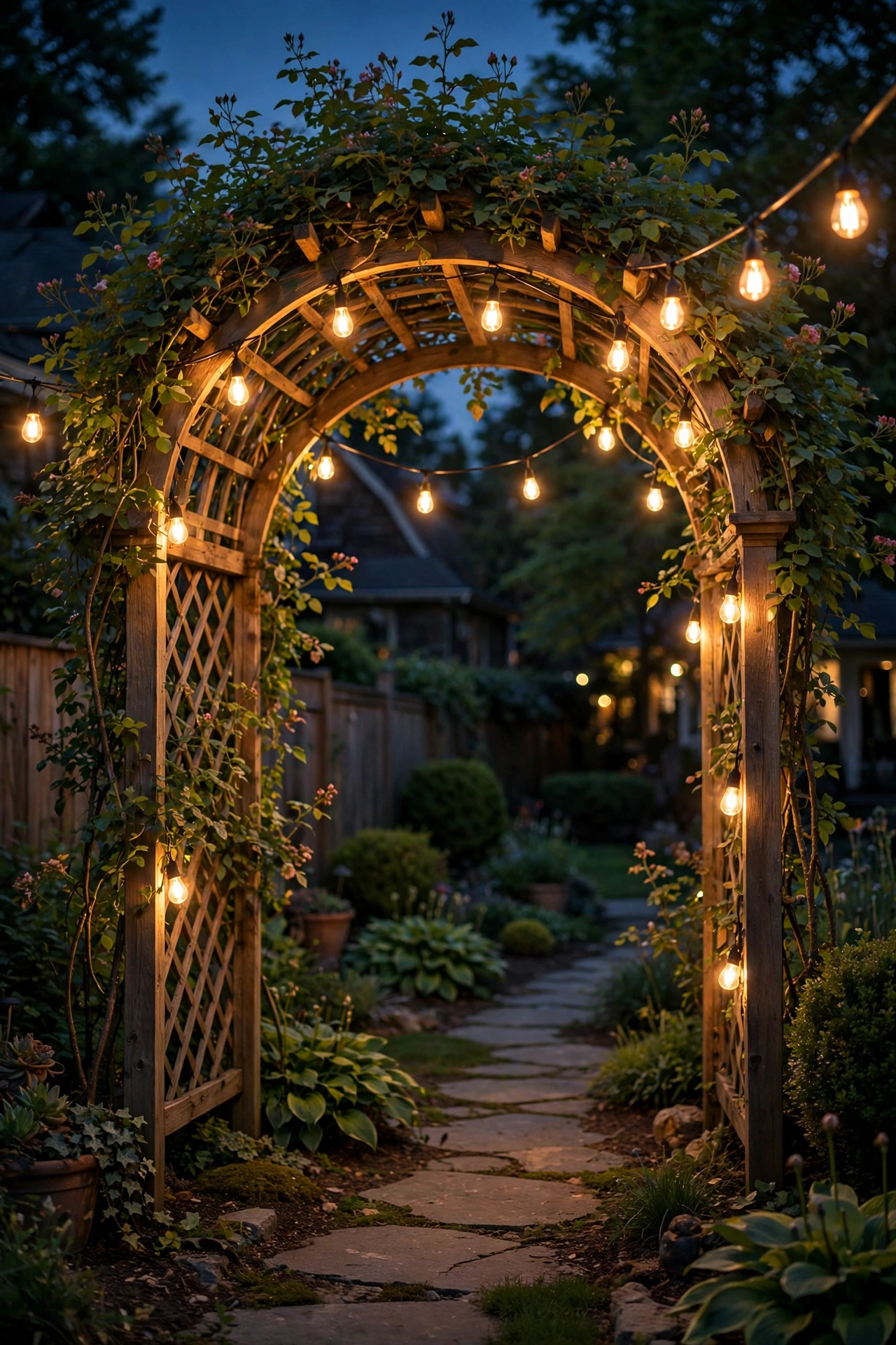 Garden trellis arch draped with warm string lights at night