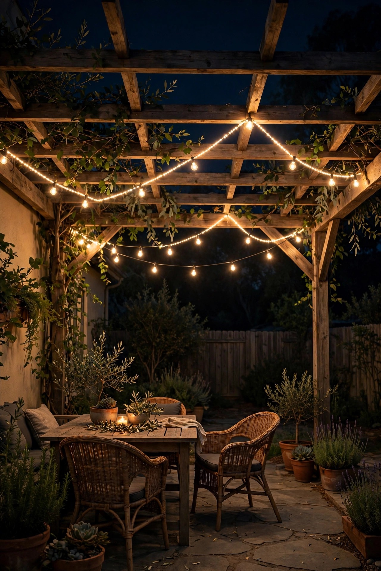 Warm LED string lights zigzagged over a private patio under a pergola at night, glowing low inside the yard and away from the fence