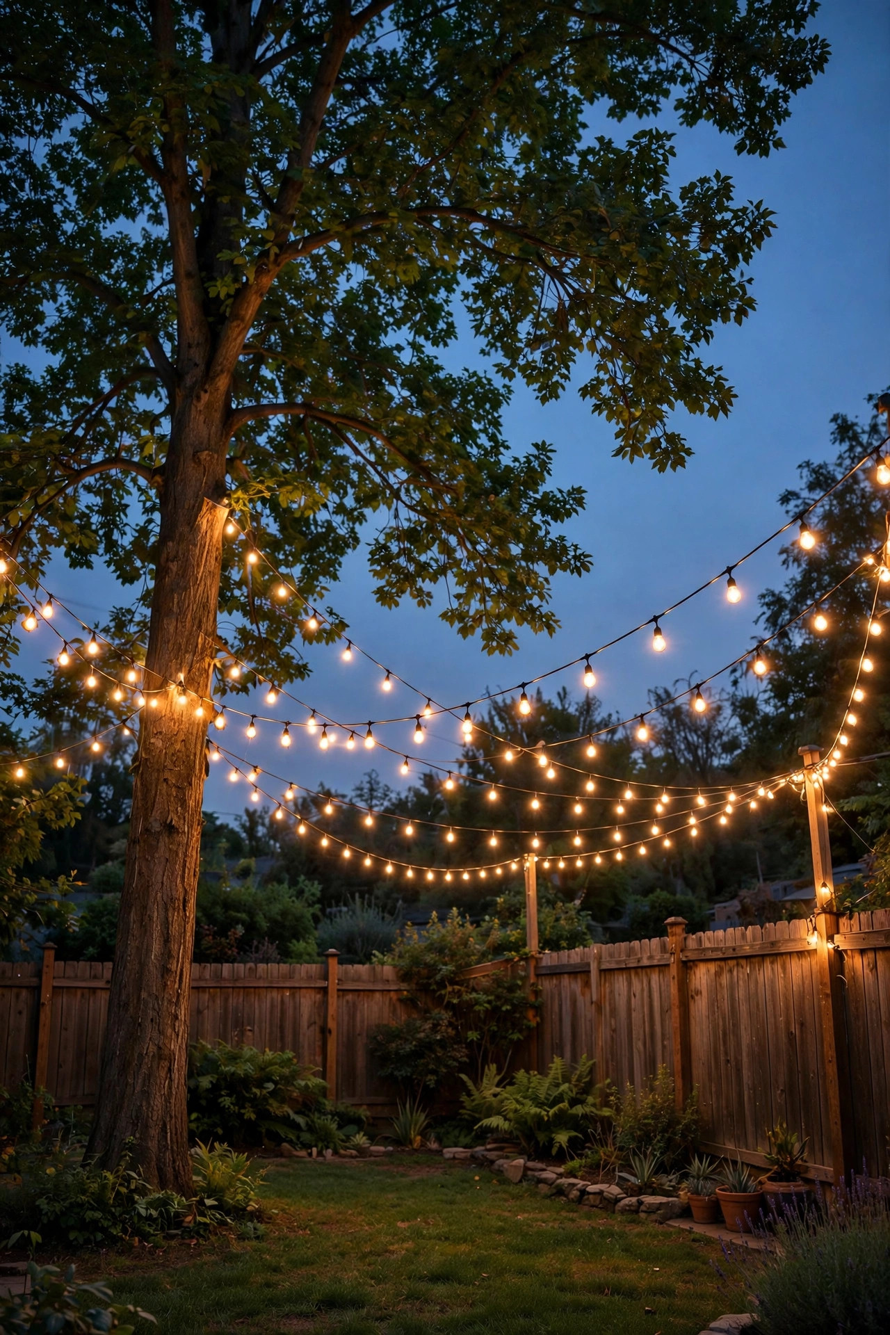 String light swags running from a tall backyard tree to the fence corners forming a glowing canopy