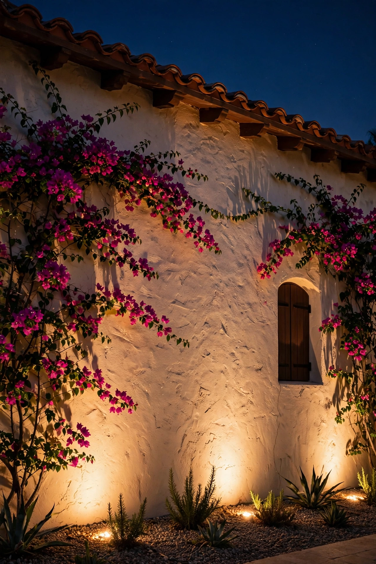 Soft warm floodlight washing across a stucco villa wall with climbing vines at night
