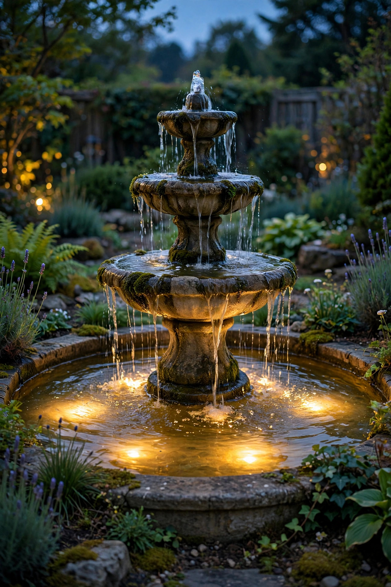 Garden fountain at dusk with warm submersible LED lights glowing beneath the water surface