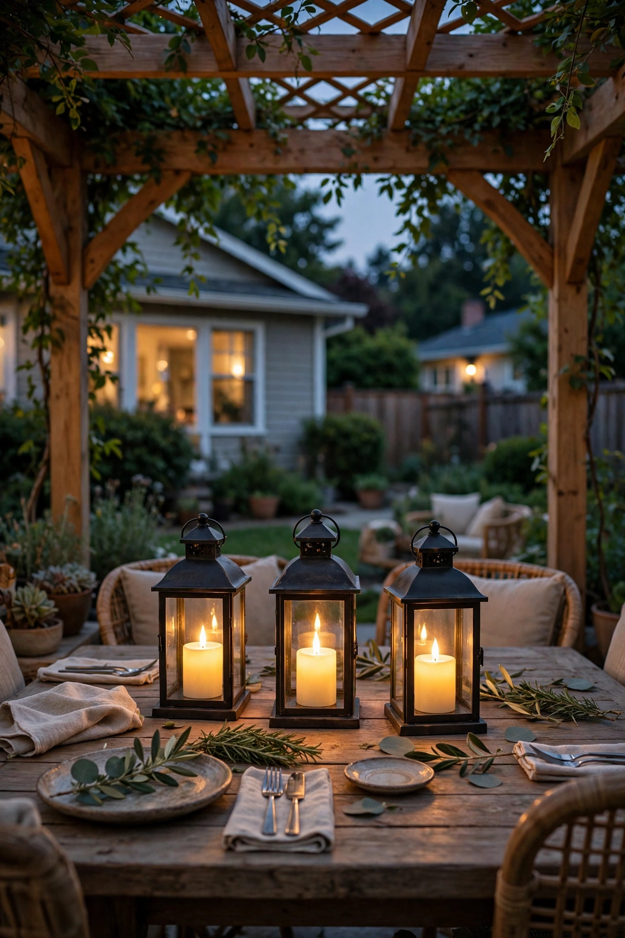 Trio of lanterns with flickering LED candles centered on a pergola dining table