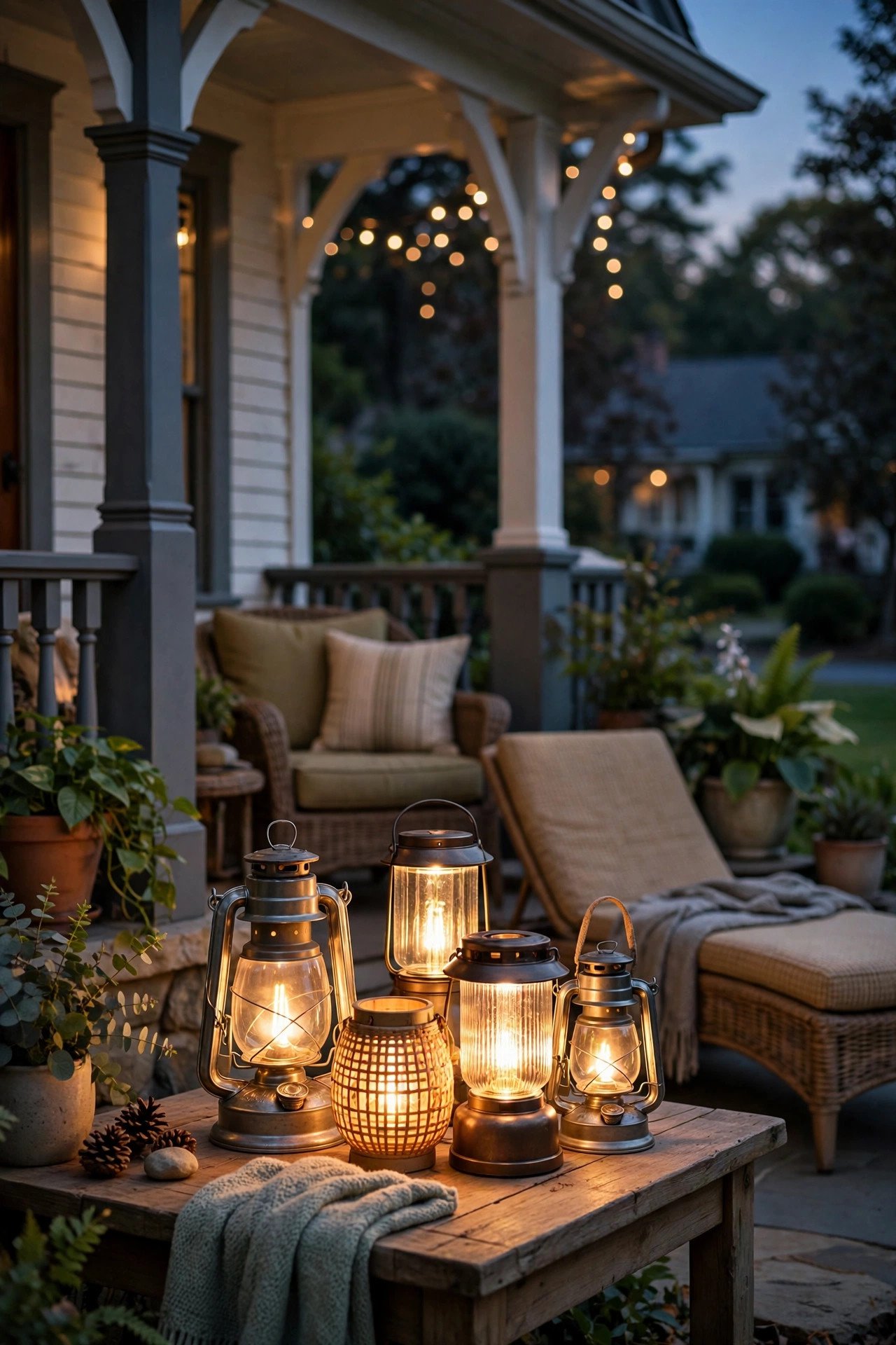 Cluster of warm rechargeable LED lanterns on a side table in a wraparound porch sitting nook