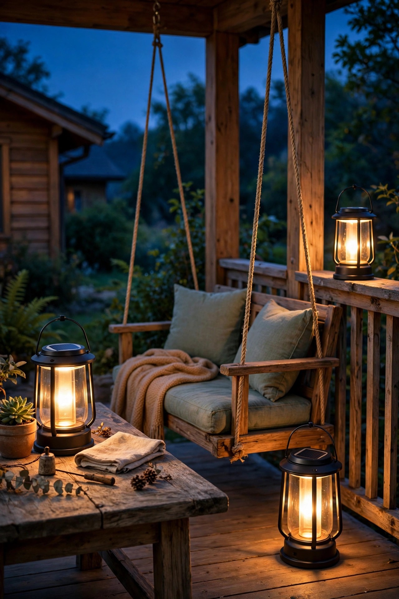 Portable solar lanterns glowing on a porch table and beside a porch swing at dusk, one lantern charging on the sunny railing nearby