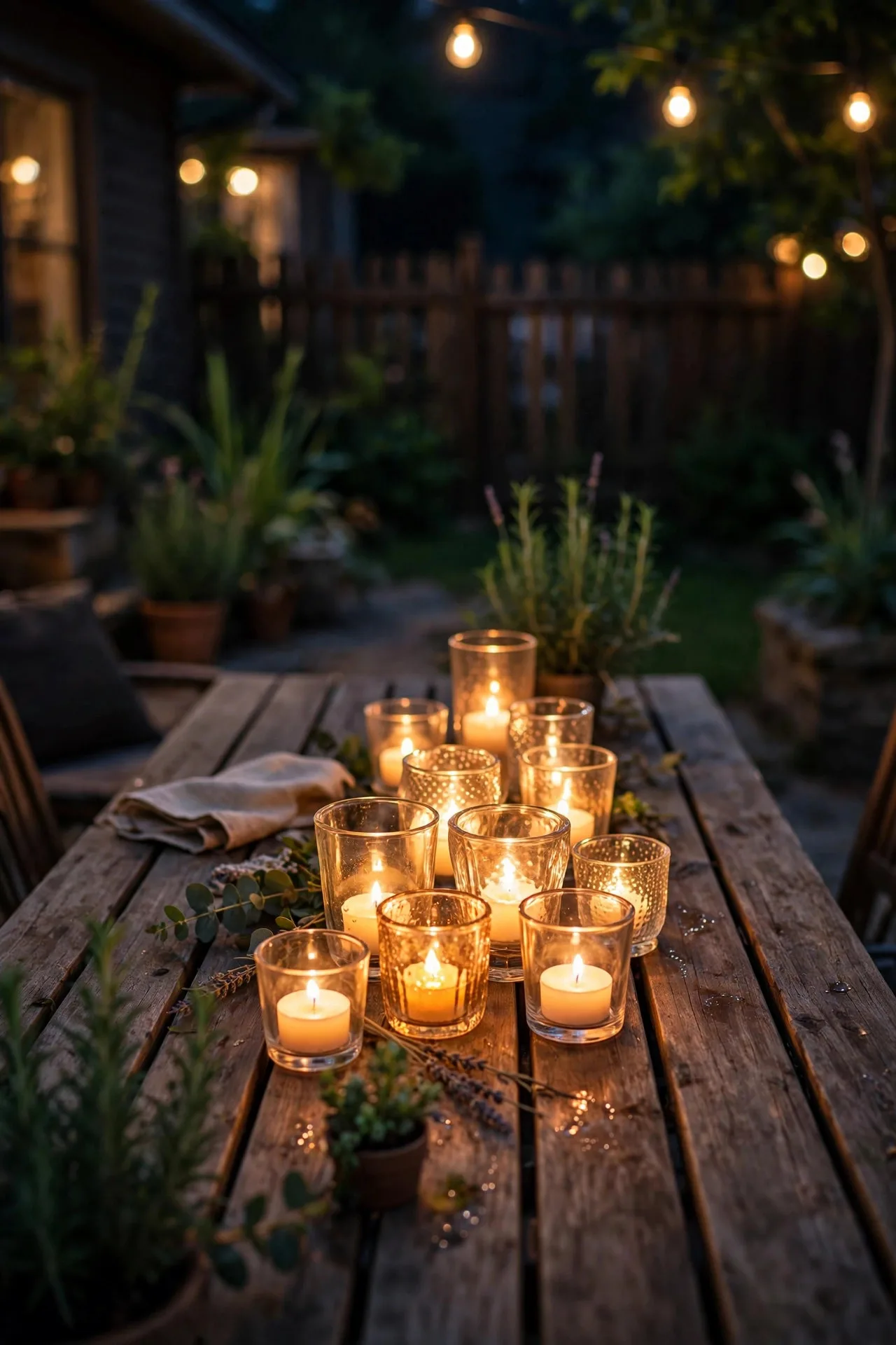 Cluster of glowing tea lights as a centerpiece on a summer patio table