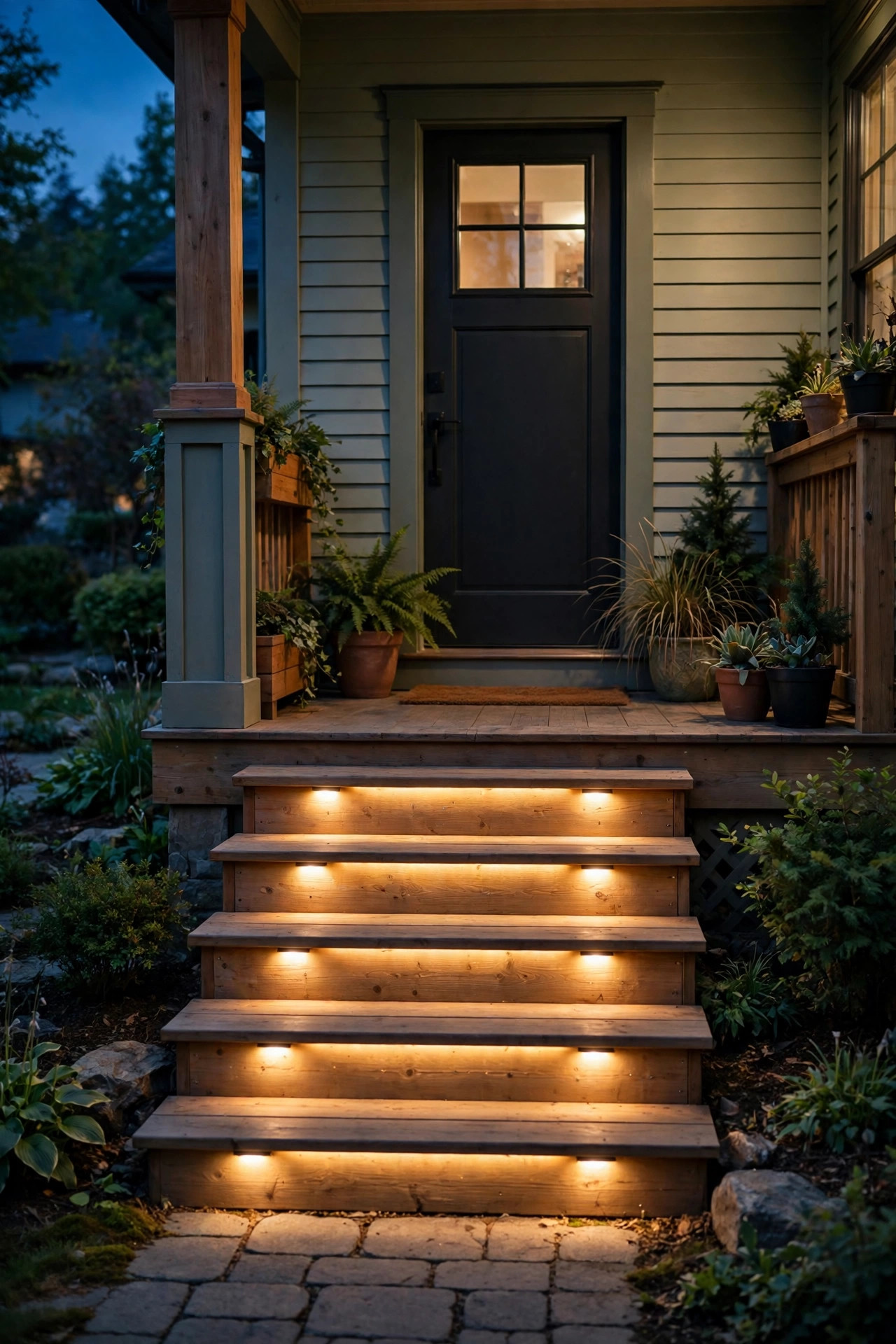 Warm step lights illuminating front porch steps at night, running on the evening timer schedule