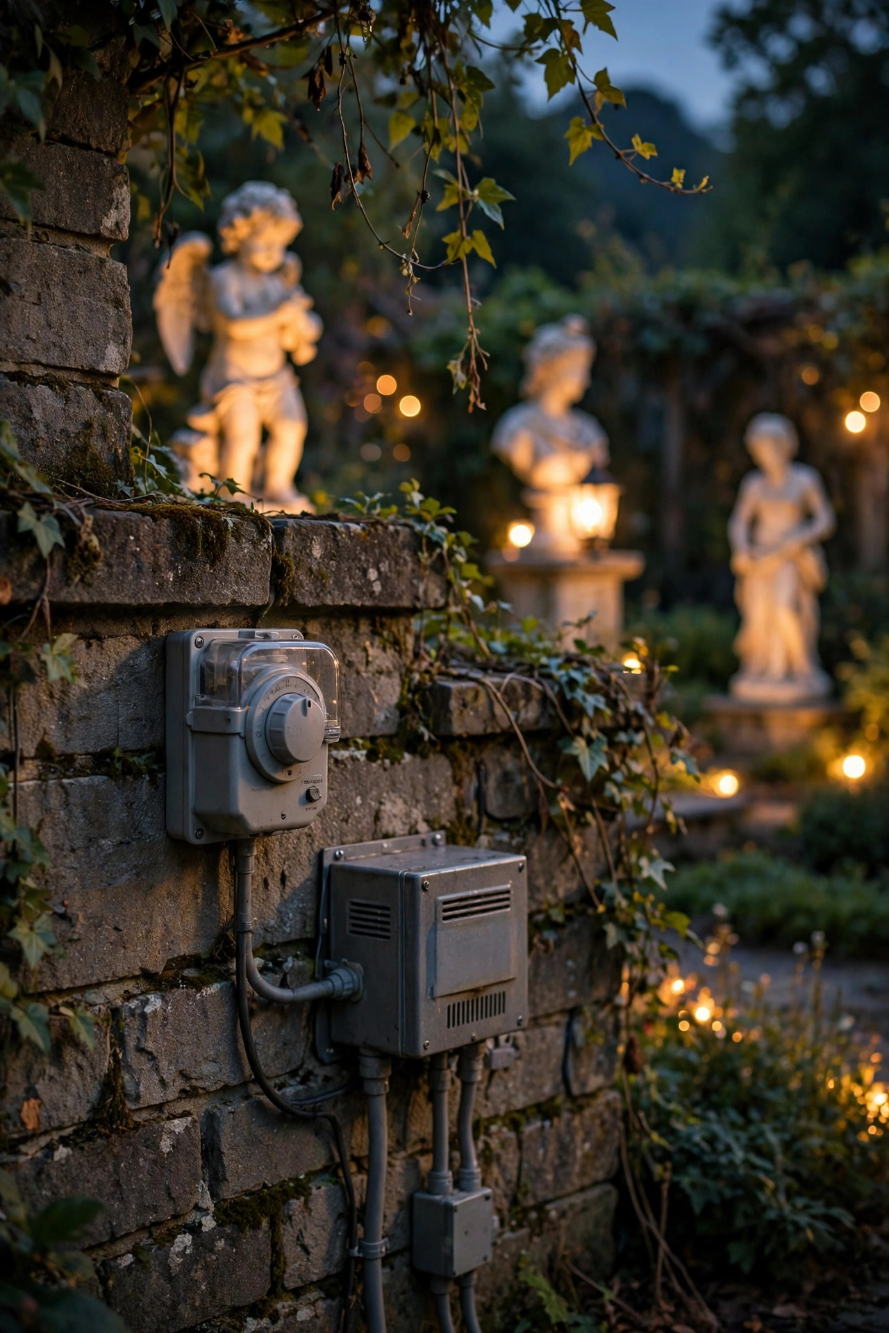 Outdoor timer and transformer on a garden wall at dusk with lit statues glowing softly in the background