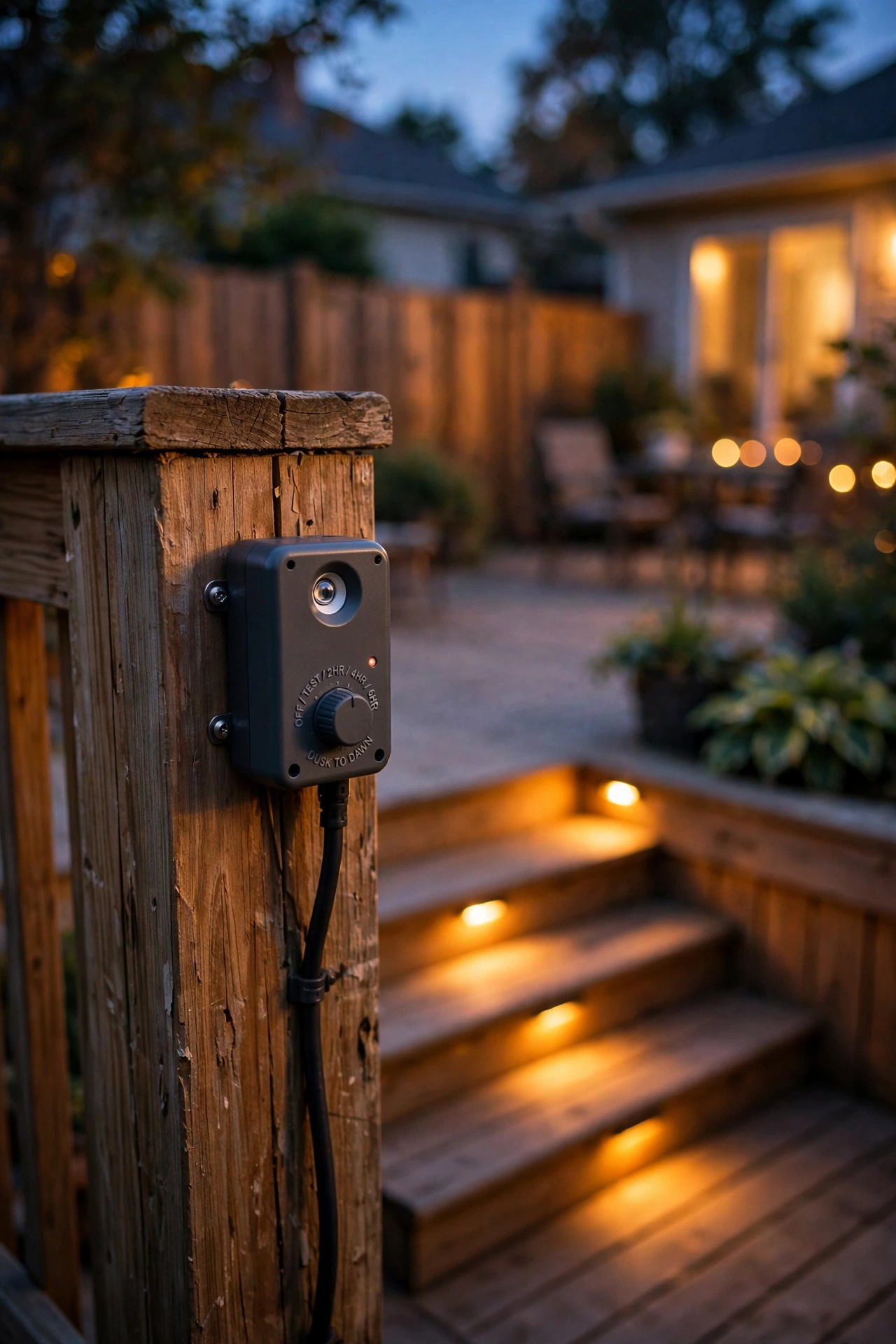 Timer and photocell controls for automated deck stair lighting