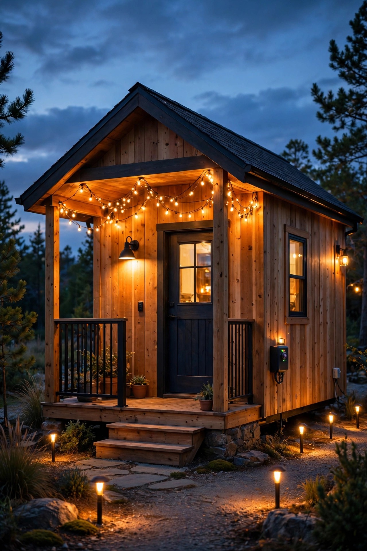 Tiny house exterior at dusk with all outdoor lights on timers glowing in coordinated warm layers as evening falls