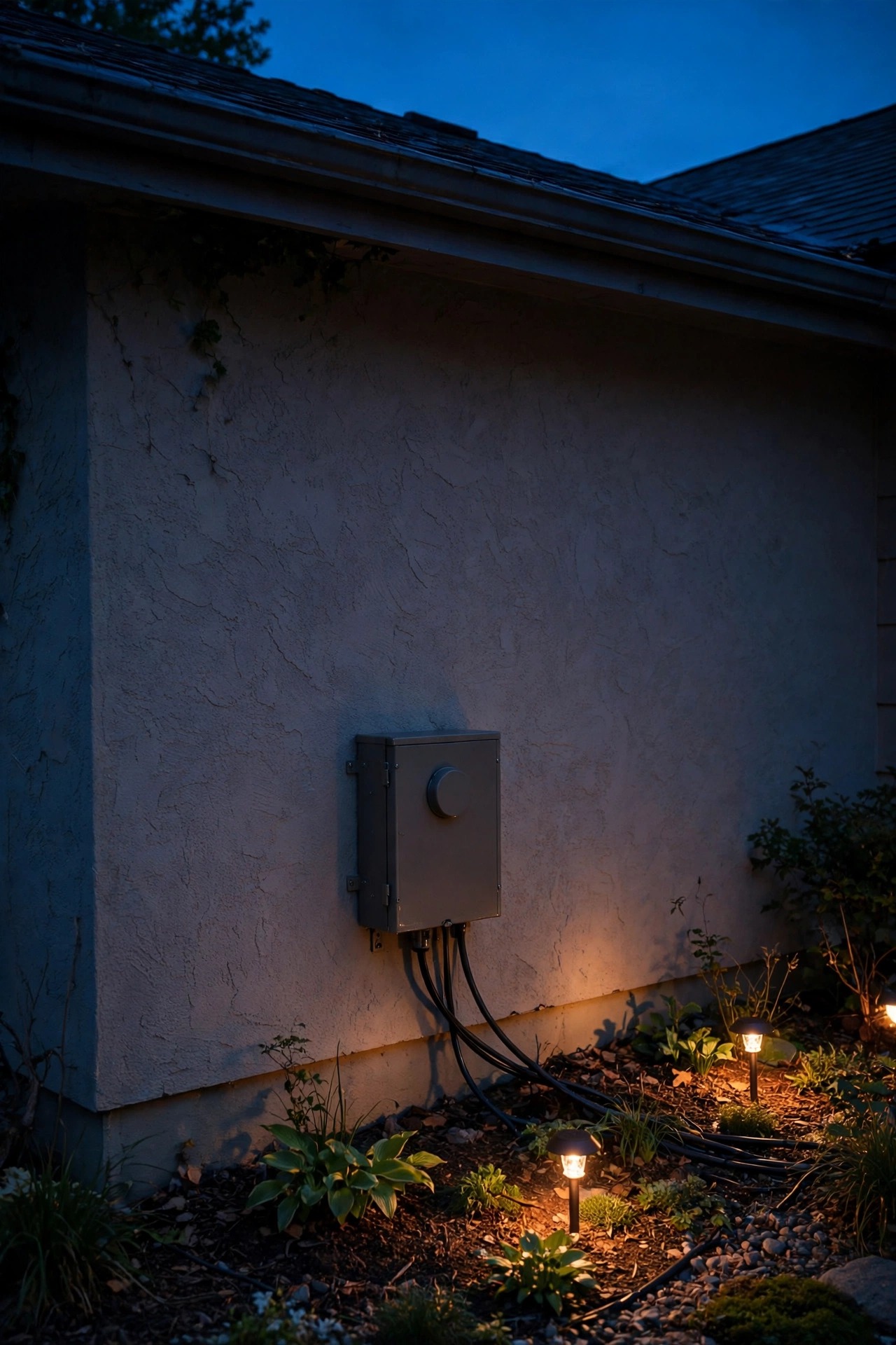 A low-voltage landscape lighting transformer with timer and zones mounted discreetly beside a home exterior wall