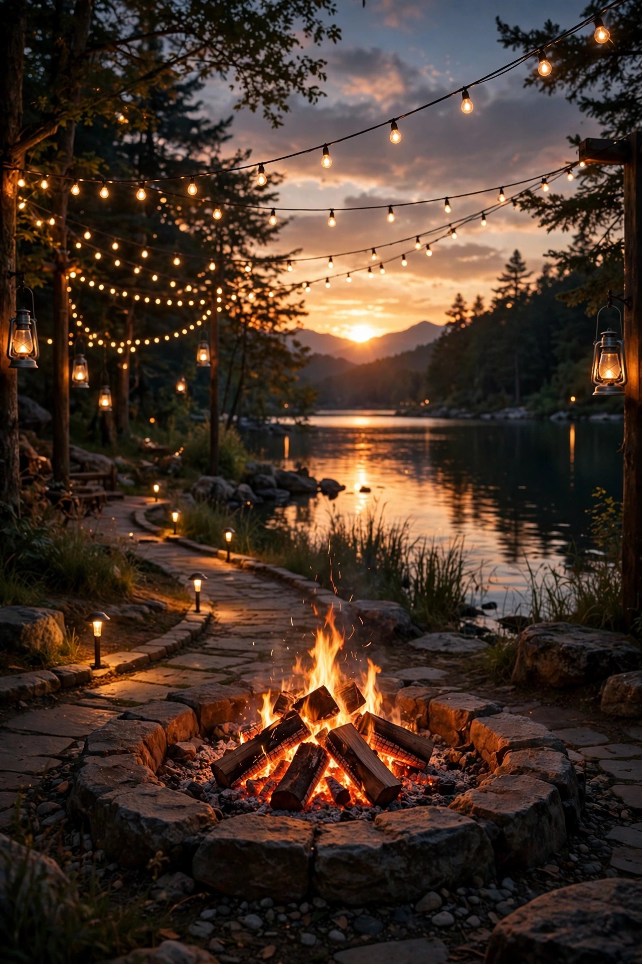 Lakeside fire pit lighting glowing automatically at dusk with string lights, path lights and lanterns all on as the sun sets over the lake