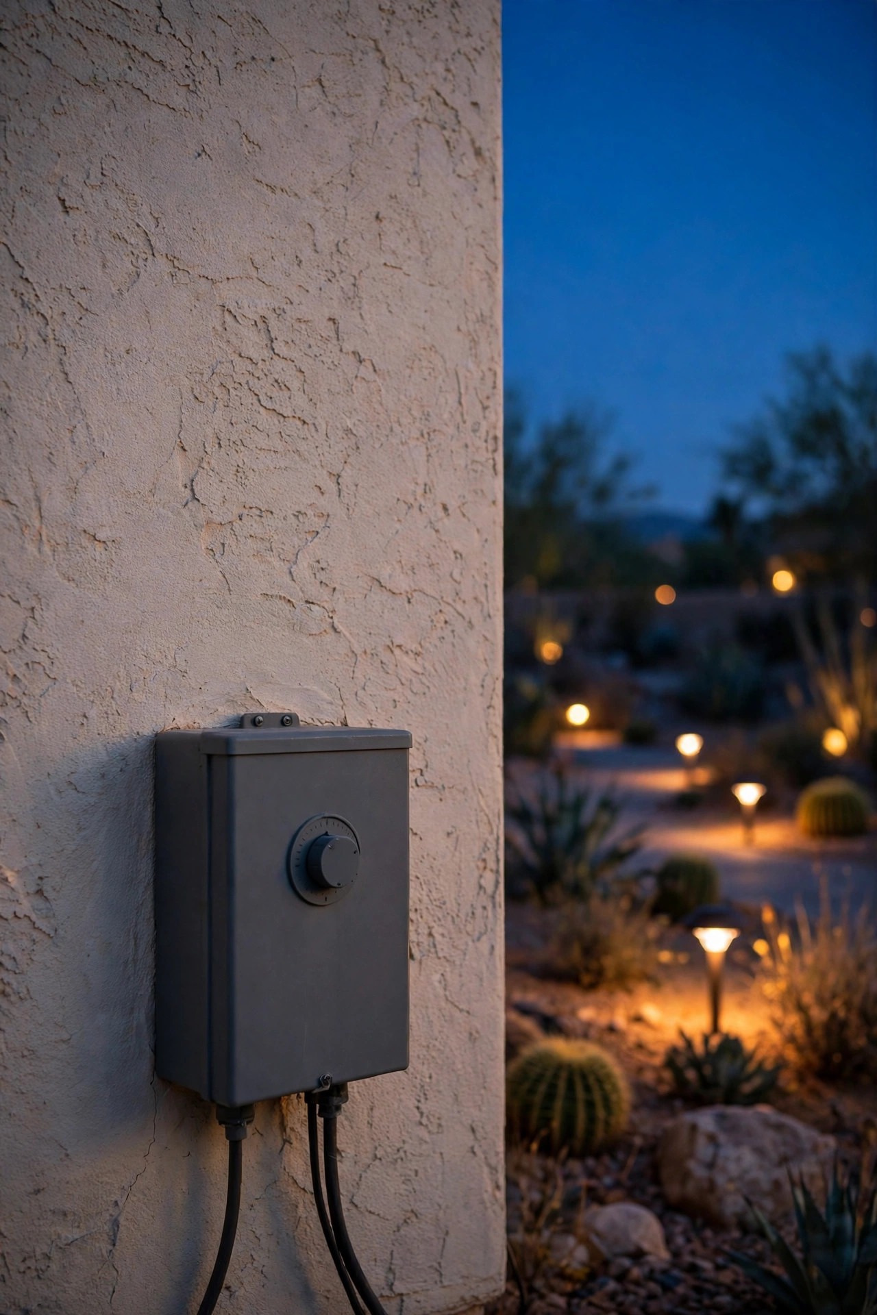 Low-voltage landscape lighting transformer with timer and photocell mounted on a stucco wall at dusk, desert garden lights glowing beyond
