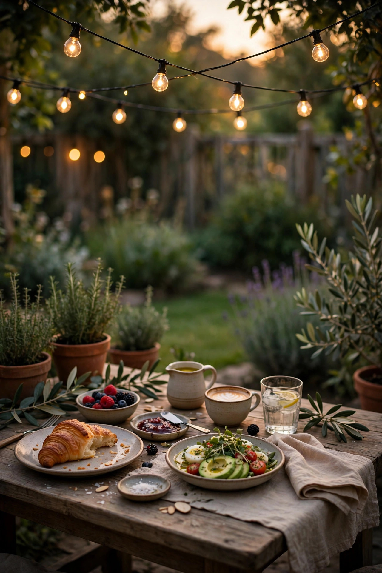 Garden party lights easing up at golden hour on a timer, string lights dimmed low over an afternoon brunch table