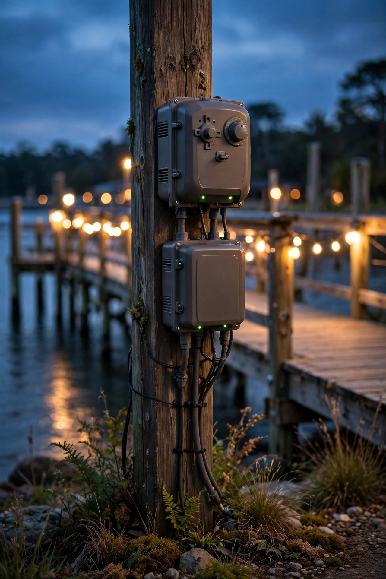 Low voltage landscape lighting transformer and timer mounted near a pier at dusk, warm boardwalk lights glowing in the background