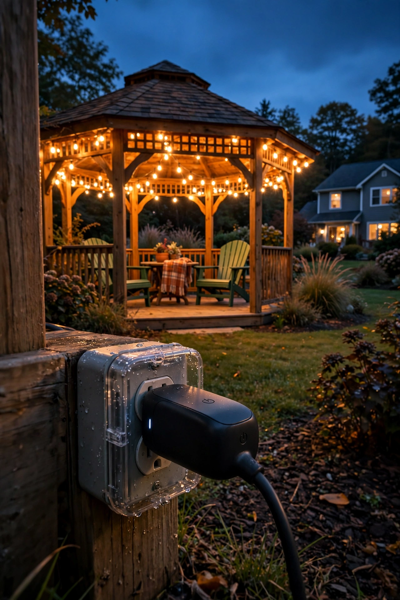 Outdoor smart plug and timer controlling gazebo string lights automatically at dusk