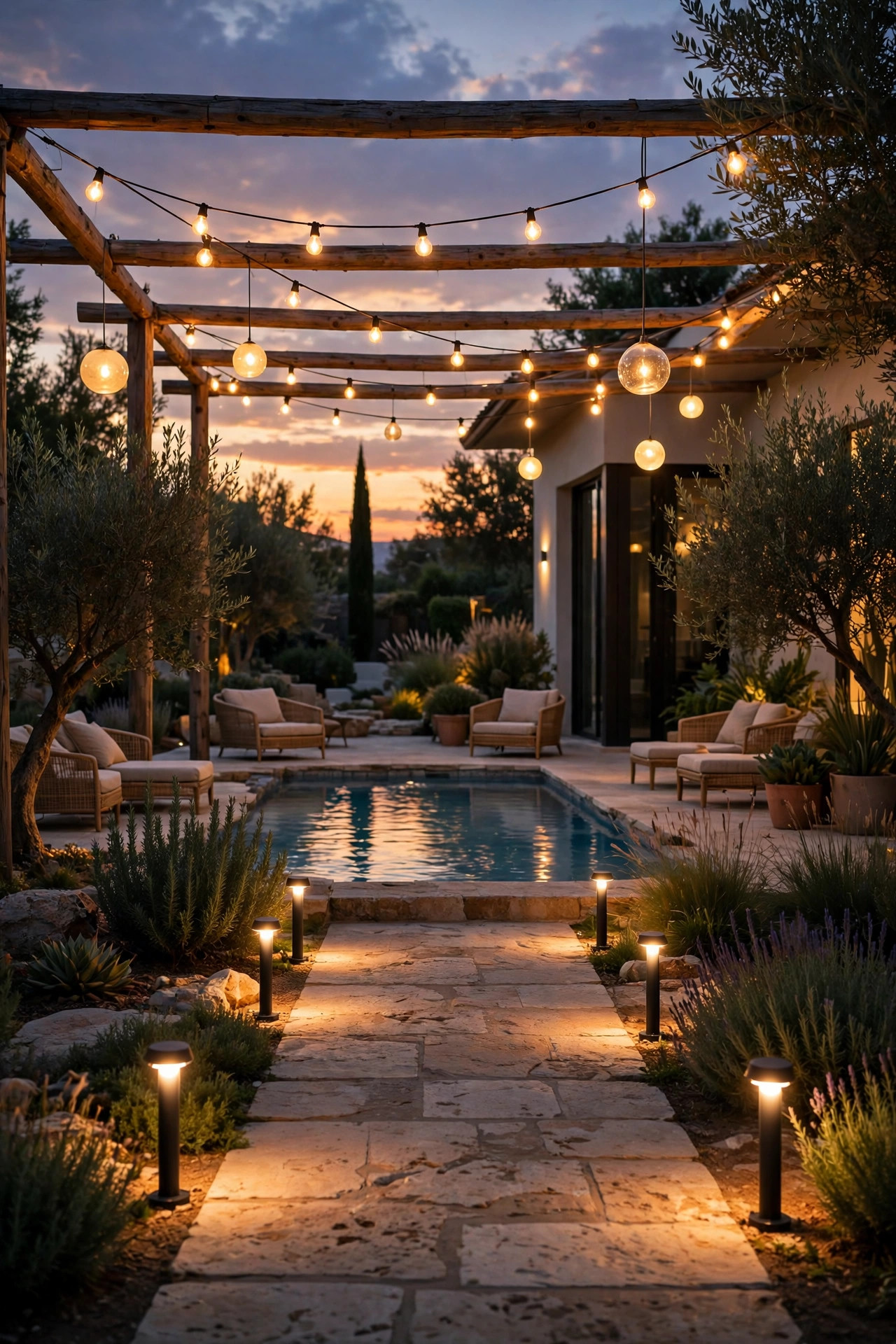 Pool yard at the moment lights switch on automatically at sunset with string lights, orbs and path lights glowing