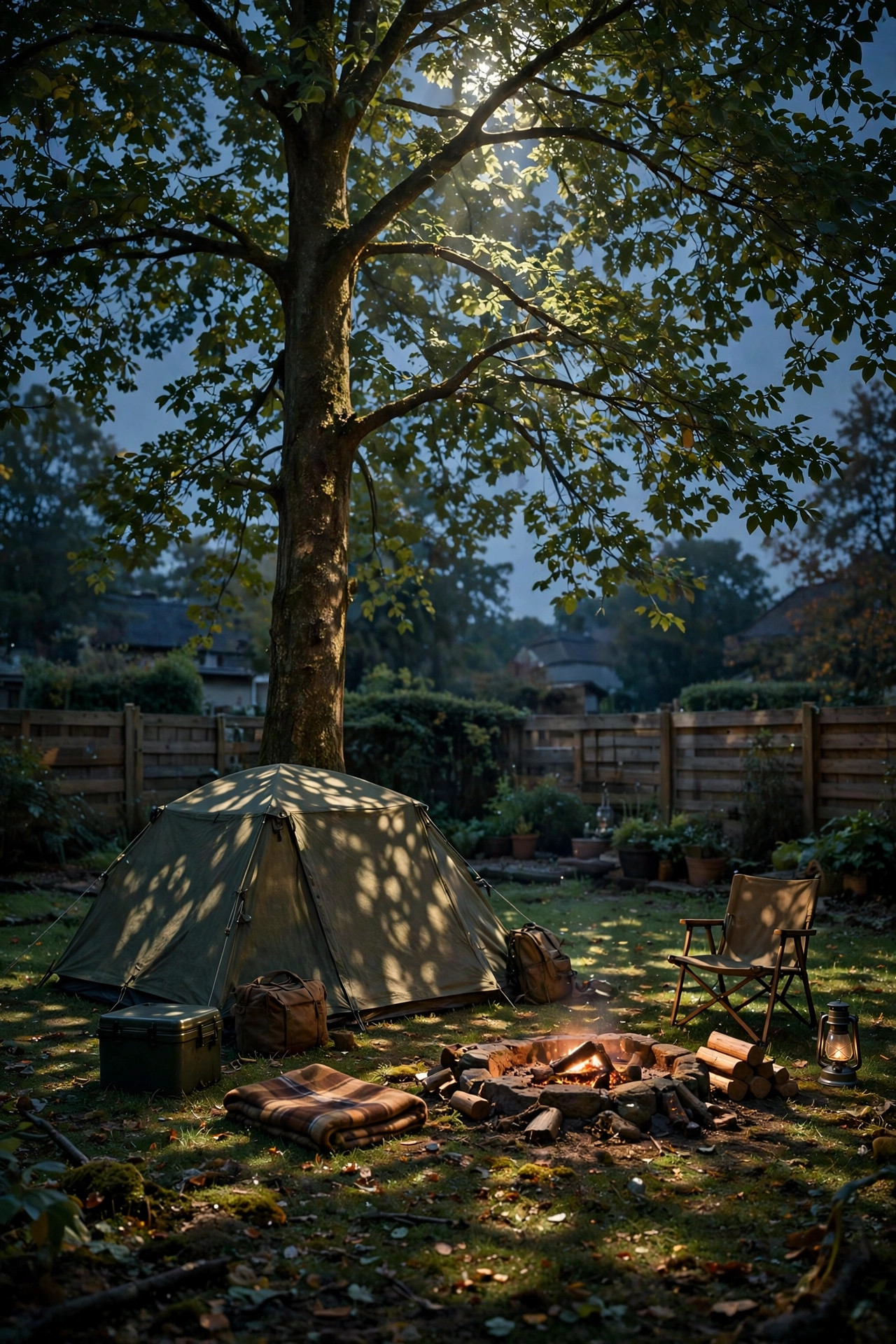 Soft moonlight effect shining down through tree branches onto a lawn and seating below