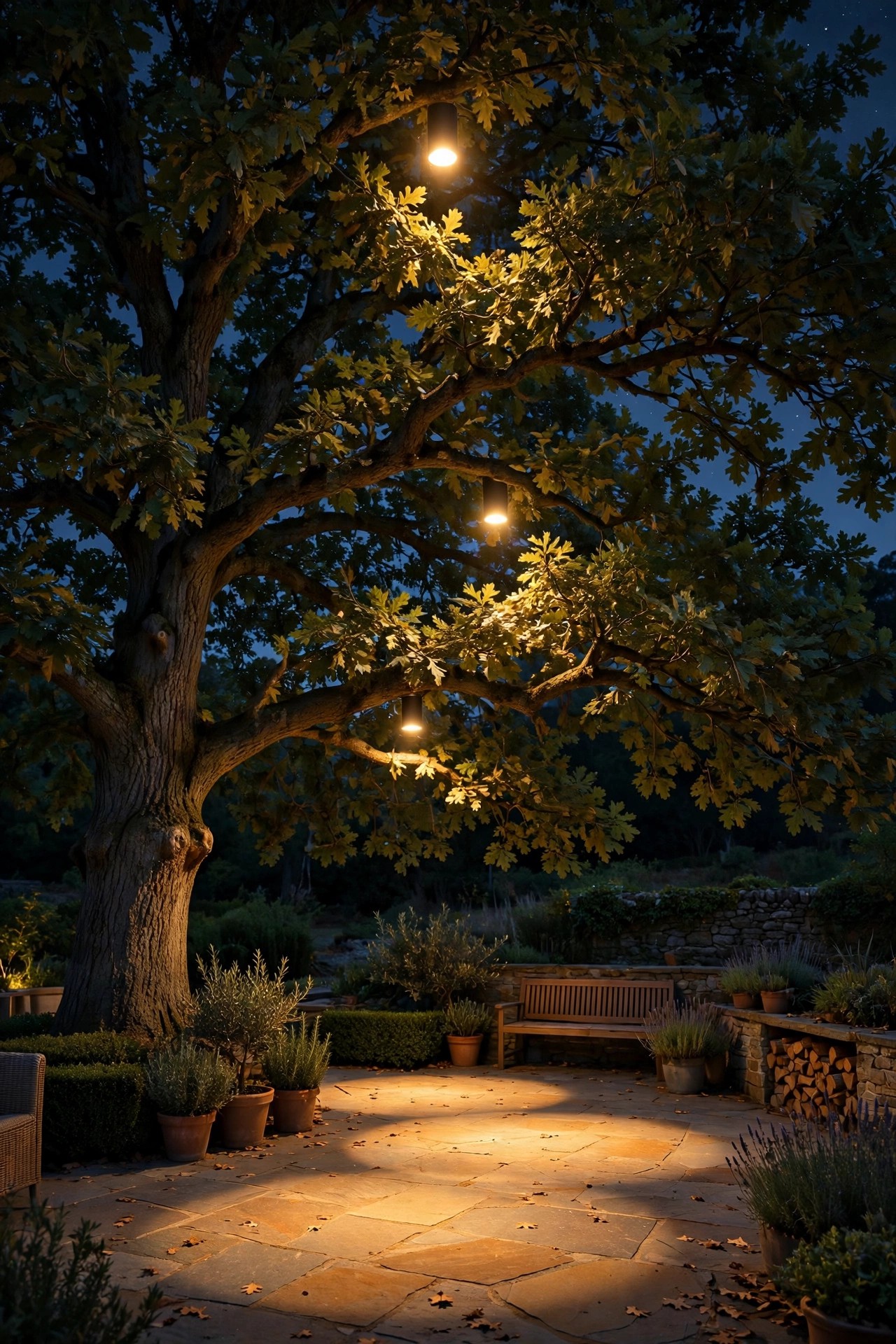 Large oak tree at night with three downlights at different heights in the canopy creating layered overlapping pools of warm moonlight over a patio