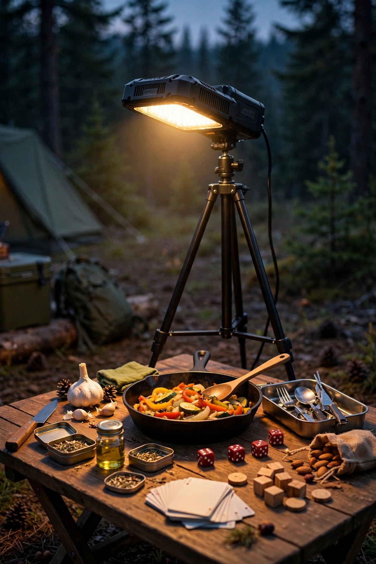 Bright rechargeable area light on a tripod illuminating a campsite table for cooking and games