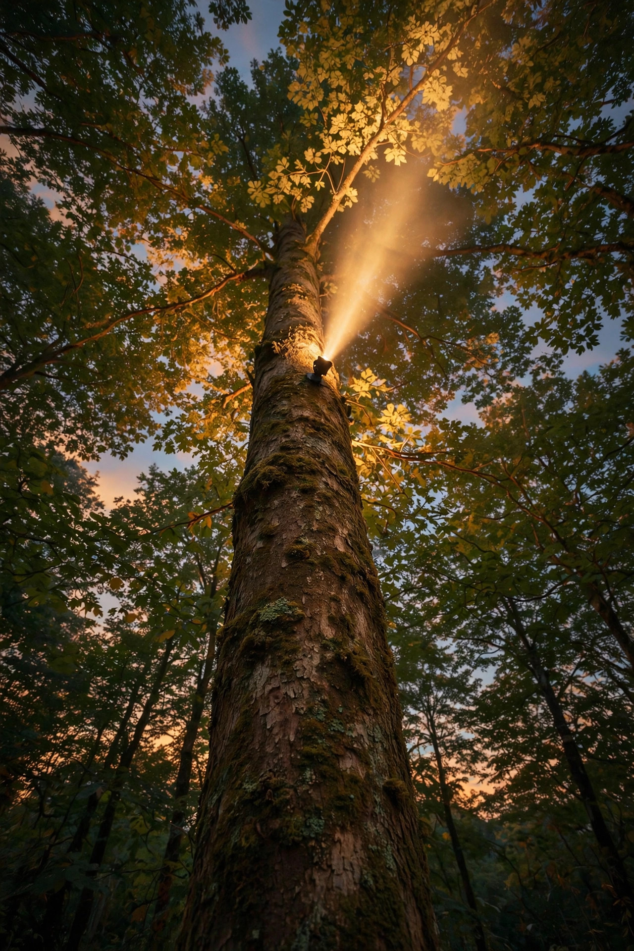 Spotlight mounted high on a tall tree trunk aiming a narrow beam into the upper canopy at night, fixture nearly invisible