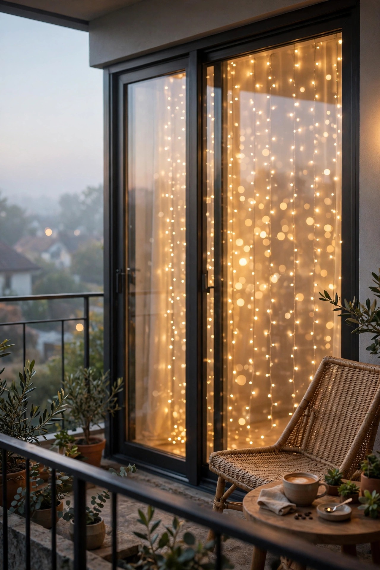 Fairy light twinkle curtain glowing softly behind a balcony sliding door at dawn with a chair and coffee nearby
