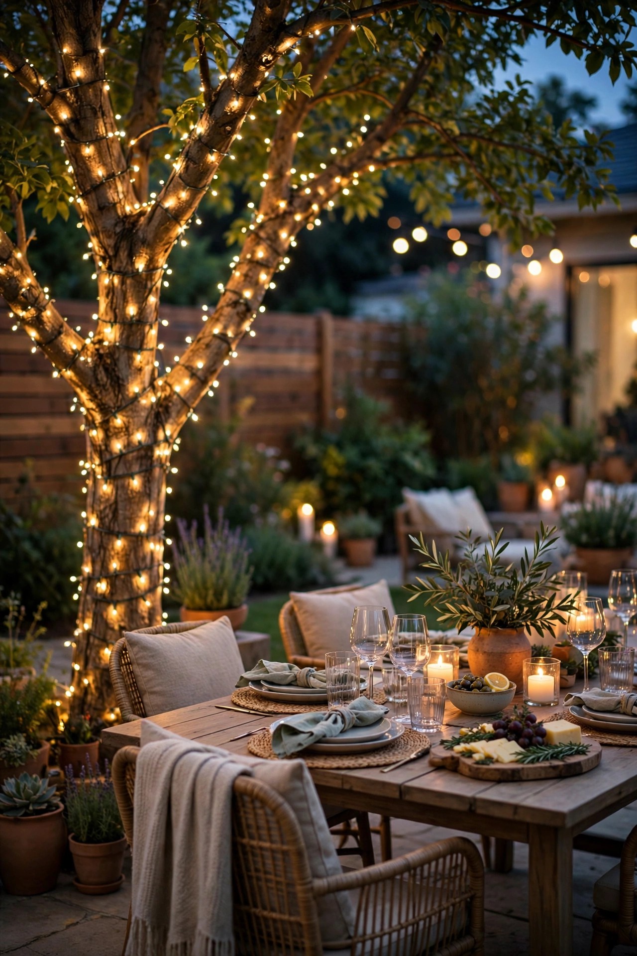 Patio tree wrapped with twinkling fairy lights in warm white beside a backyard party setup