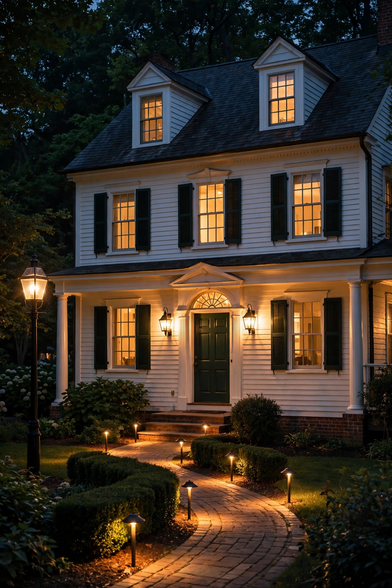 Colonial home glowing with consistent warm 2700K lighting across all fixtures at night