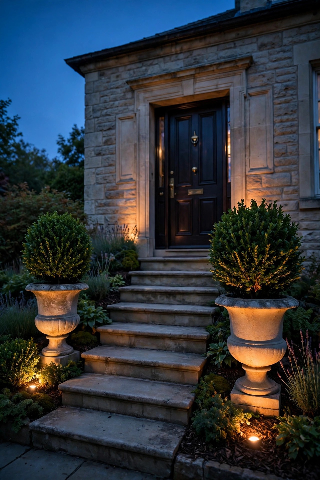 Classic stone urns with boxwood flanking traditional front steps, softly spotlighted from the planting bed at dusk