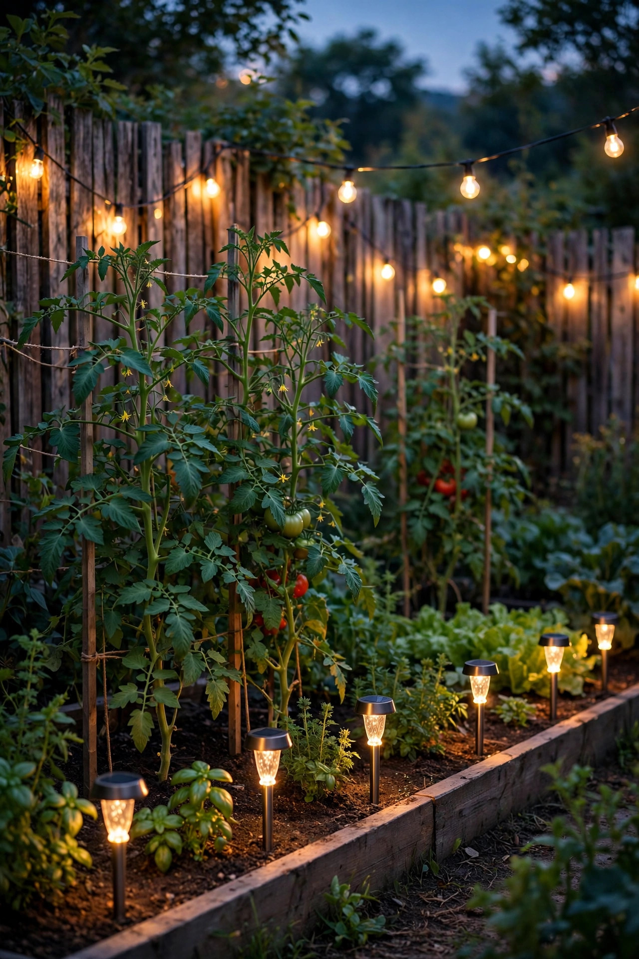 Solar path lights glowing along a vegetable garden bed at dusk with tall tomato plants and café lights on the fence behind