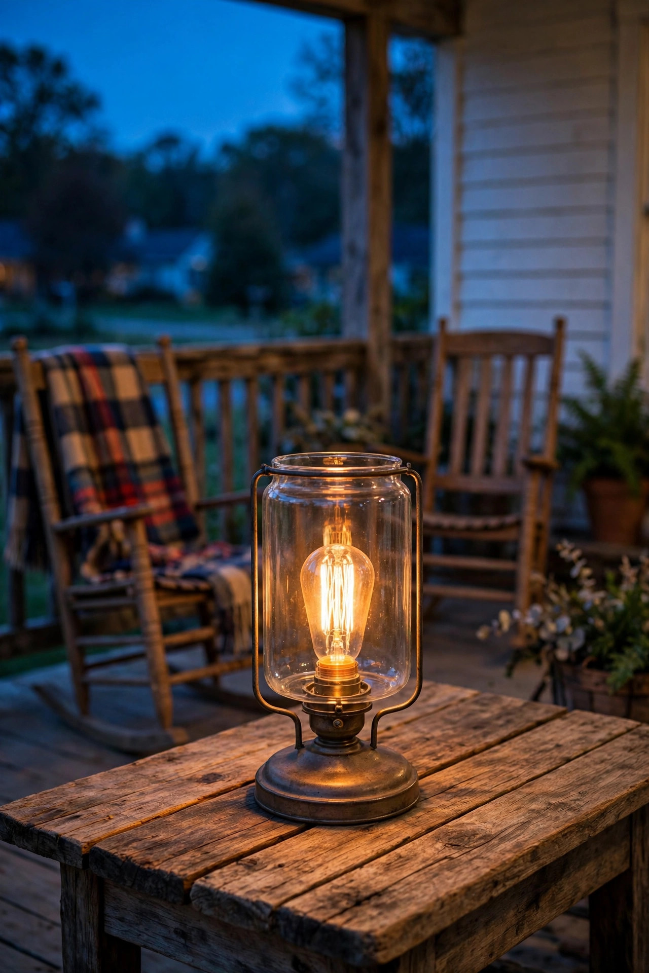 Vintage Edison filament outdoor table lamp glowing on a farmhouse porch table