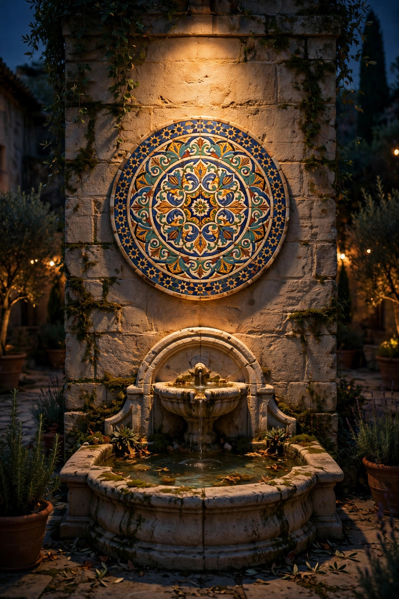 Decorative tile medallion on a courtyard wall above a fountain highlighted by a warm spotlight at night