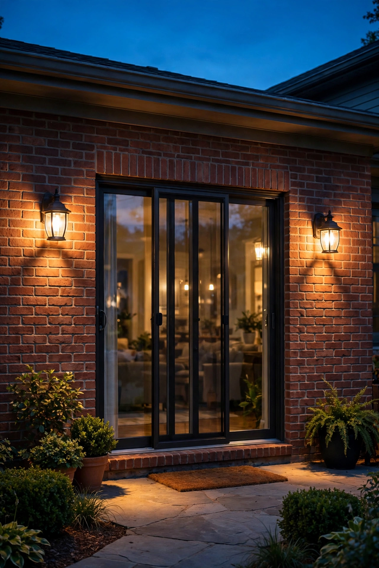Two warm outdoor wall sconces flanking a patio door glowing at dusk