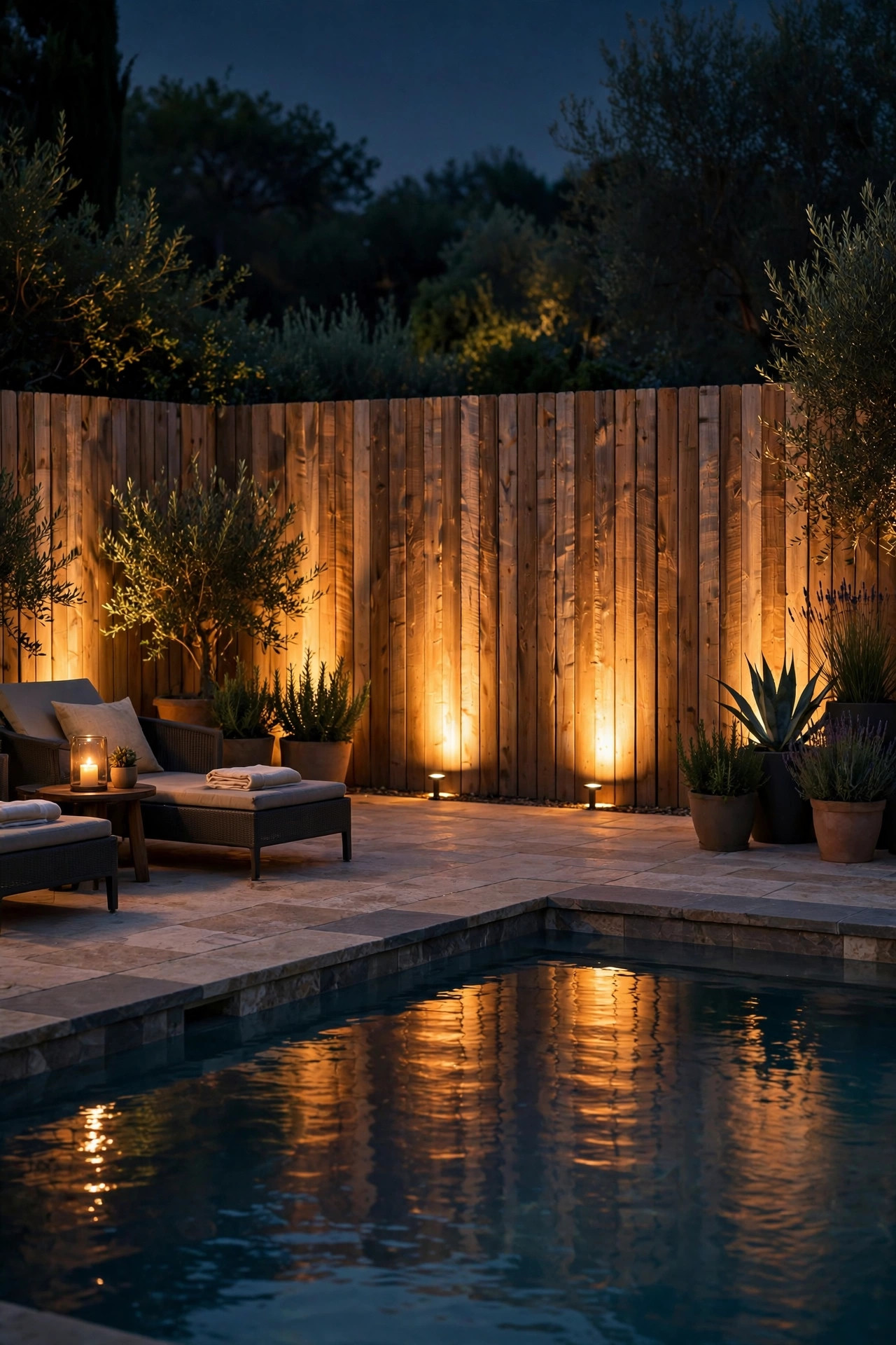 Wall-wash uplights grazing the wooden fence behind a pool deck creating a warm glowing backdrop at night