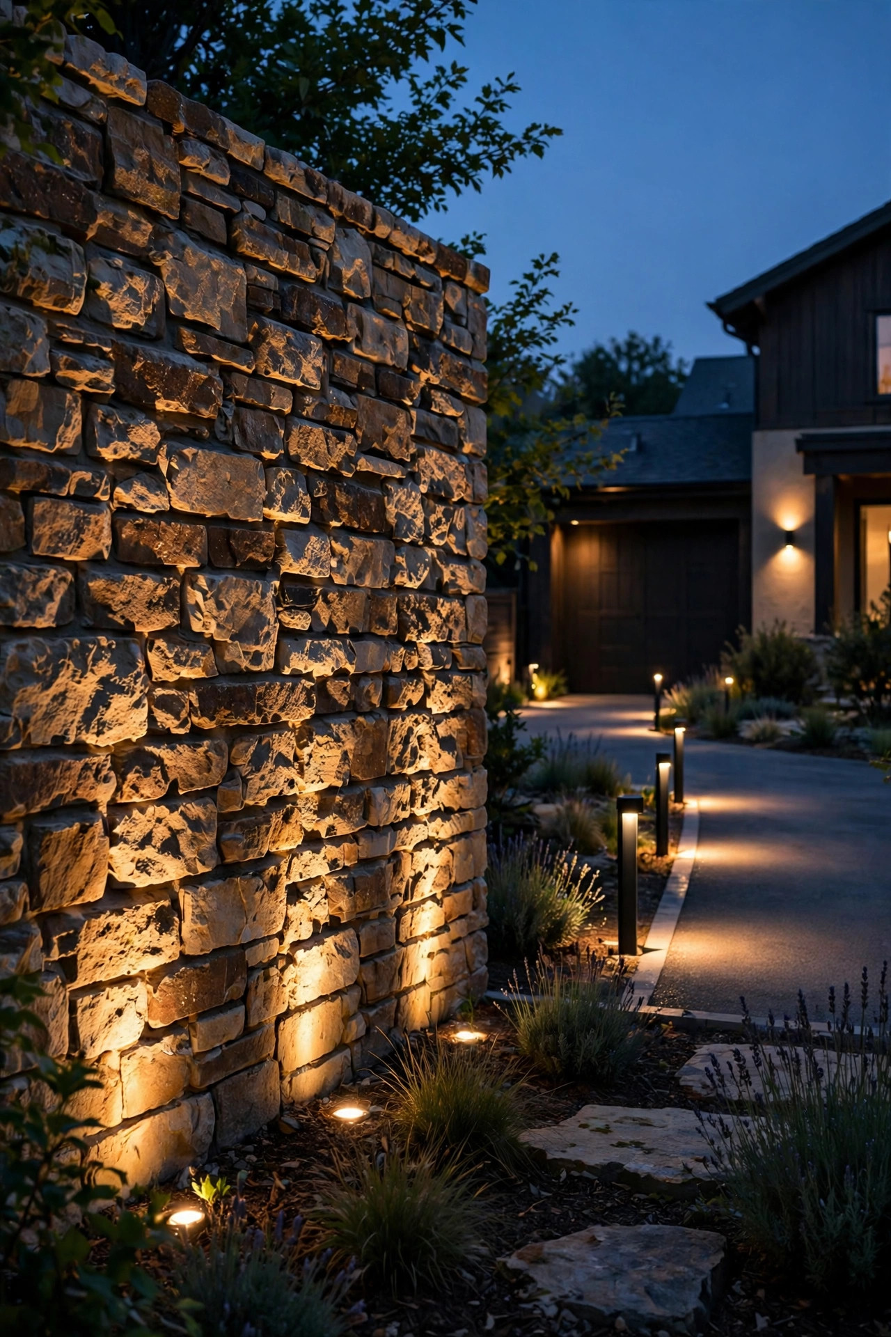 Uplights grazing warm light across a stone wing wall beside a lit driveway entrance