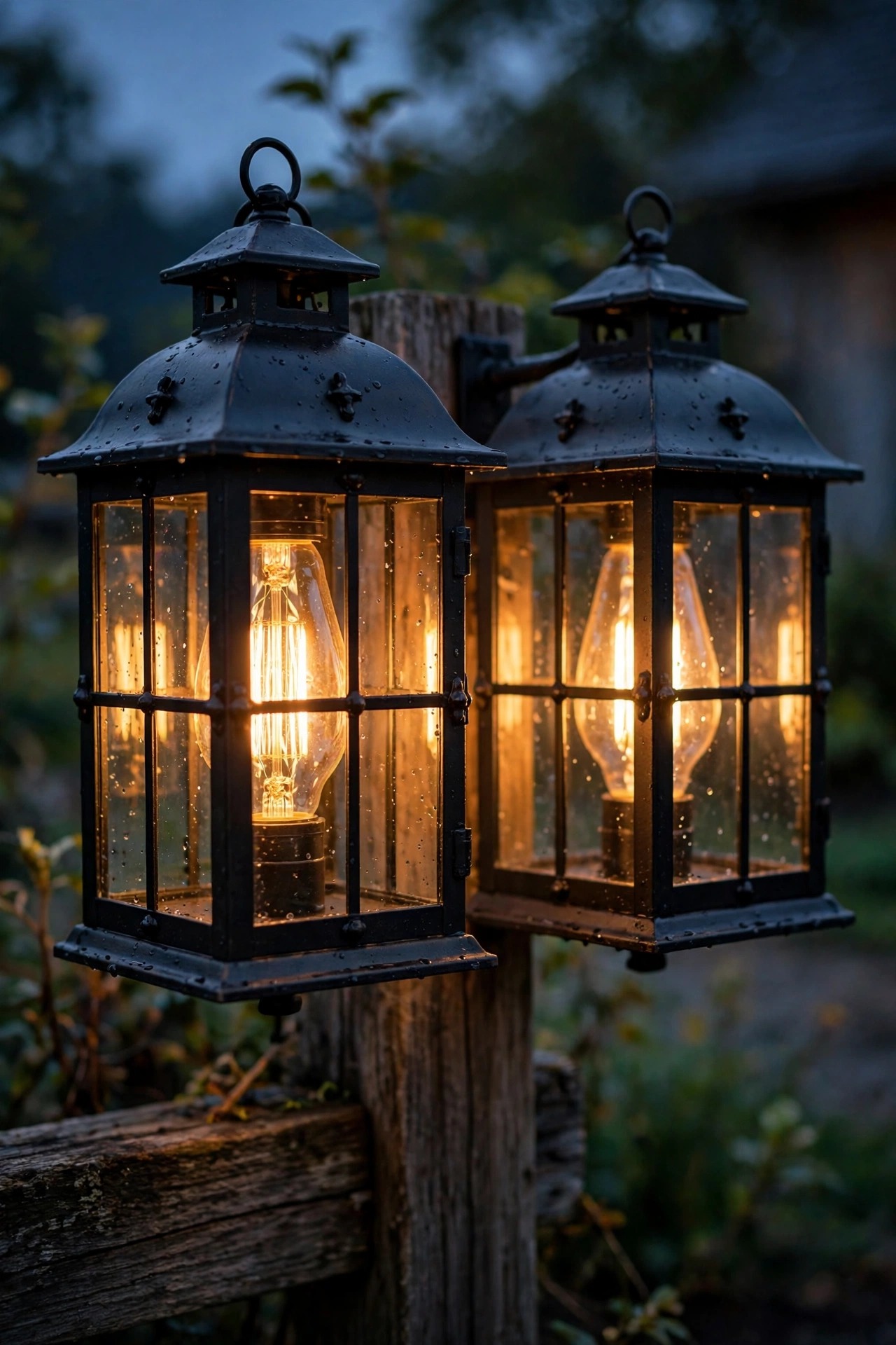 Close view of warm 2700K filament style LED bulbs glowing inside farmhouse driveway lanterns at dusk