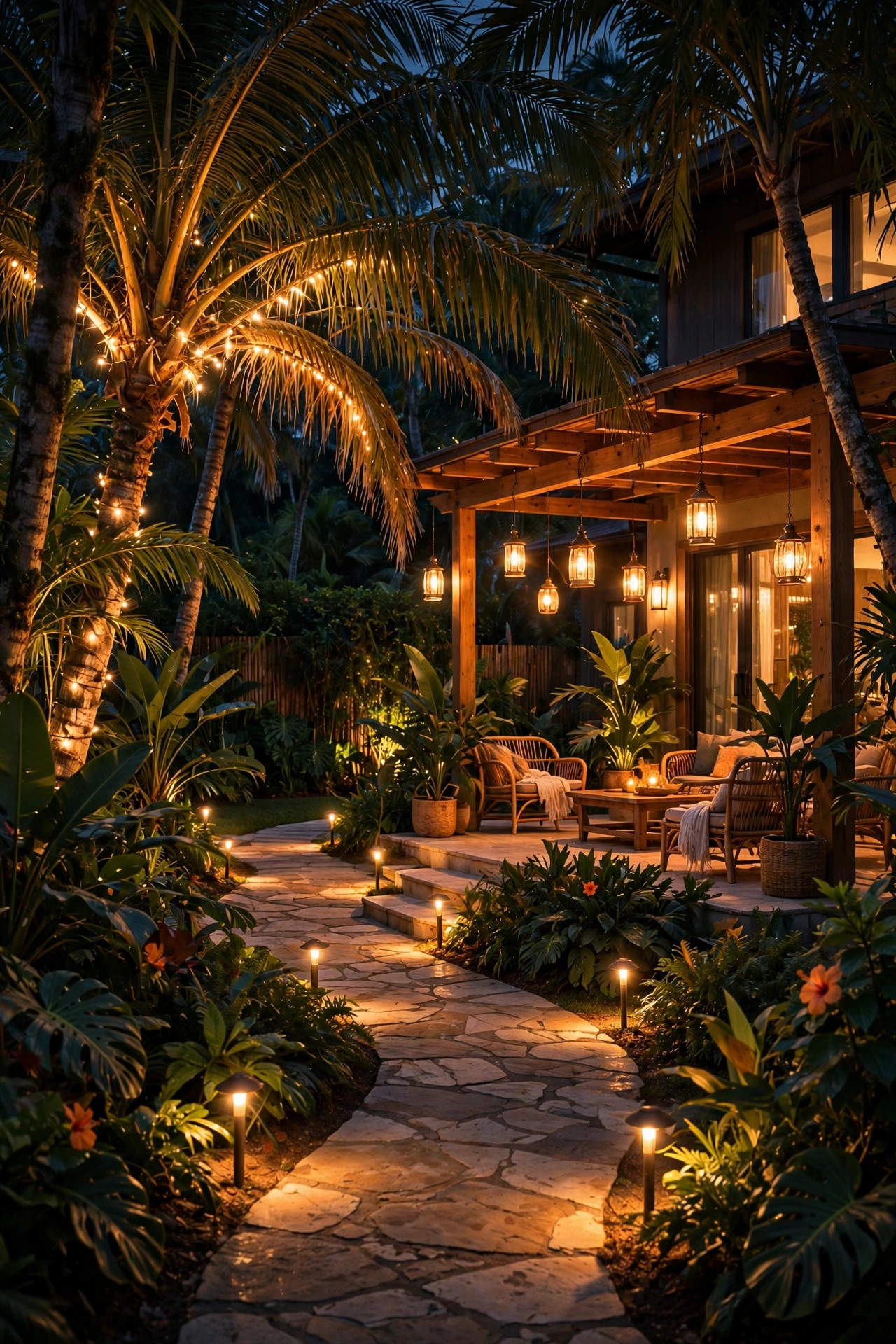 Tropical backyard at night lit entirely in consistent warm 2700K light with glowing palms, path lights and patio lanterns