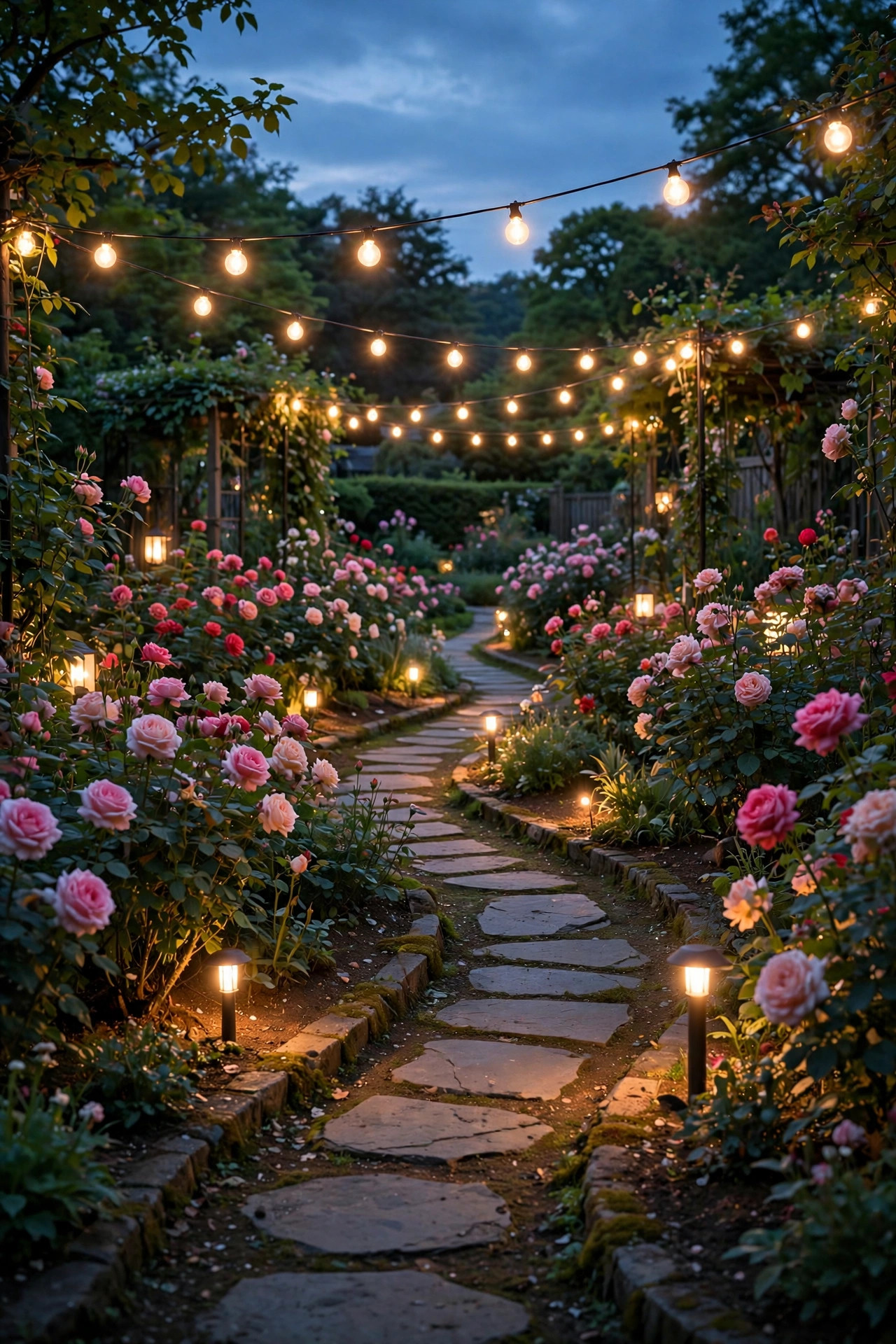 Matching warm white garden lights glowing at one color temperature across rose beds and a winding path at dusk