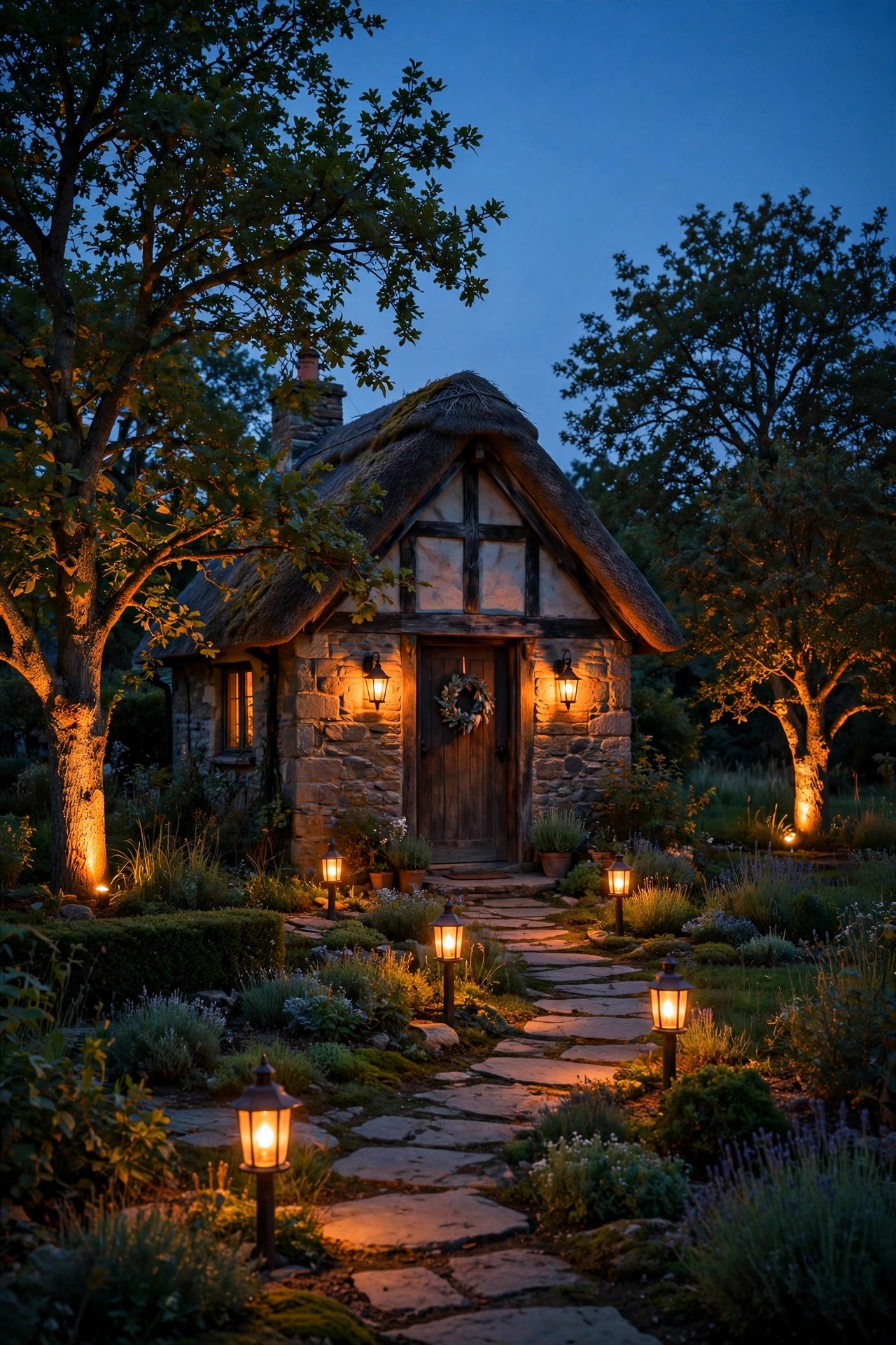Cottage front yard at dusk where every light glows at the same warm 2700K color temperature