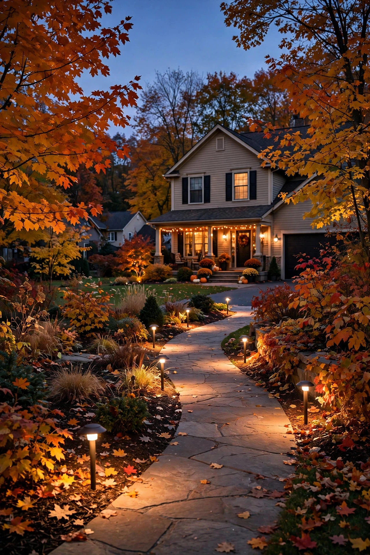 Two-tone warm white and amber lighting layered along a fall pathway with colorful foliage
