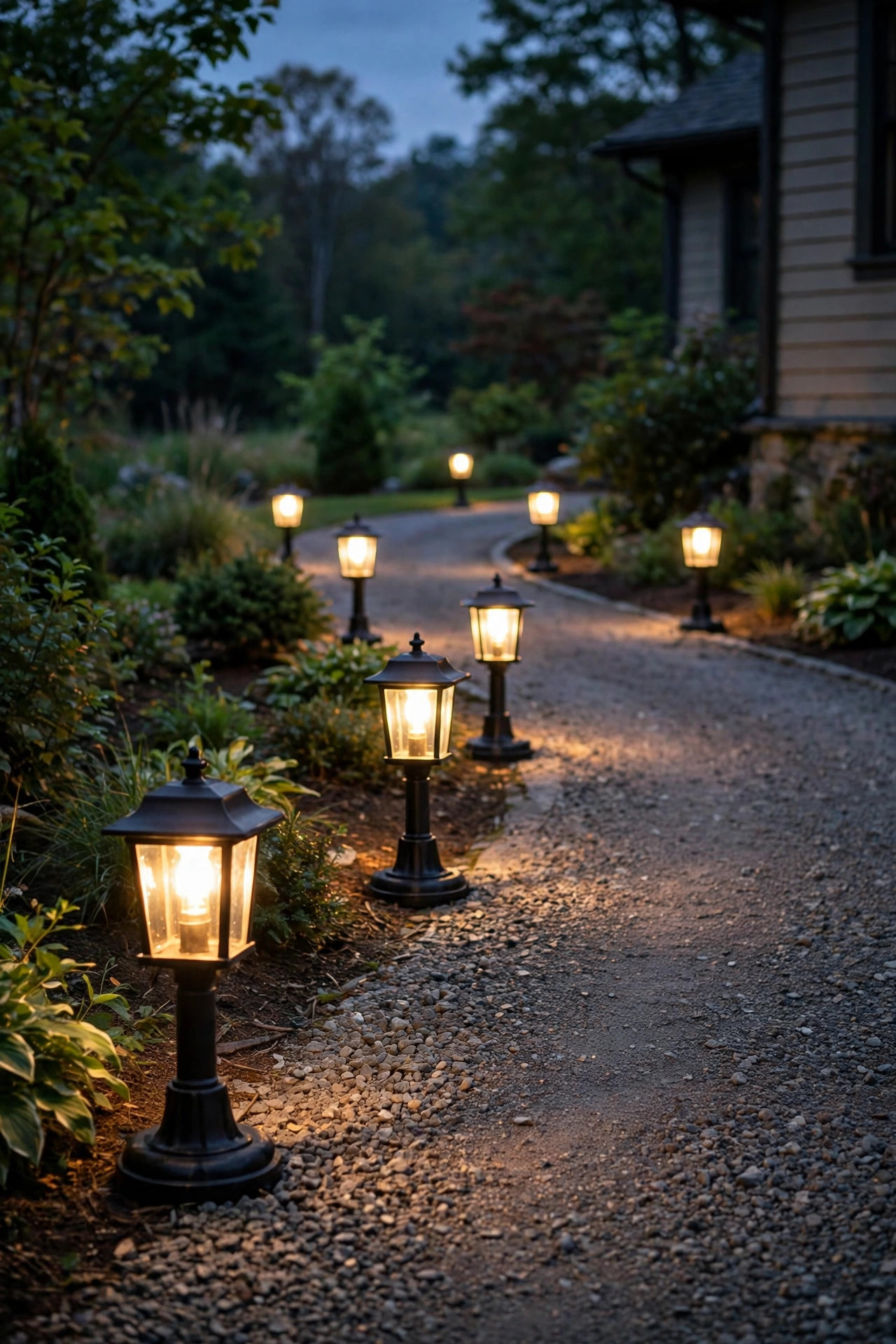 Heavy weighted-base lantern path lights glowing warmly along a bend in a gravel driveway