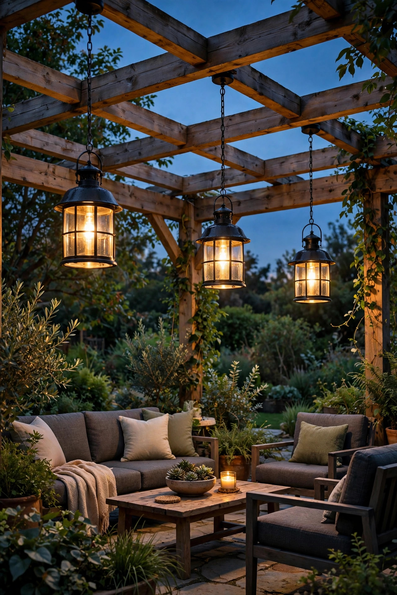 Wet-rated lantern pendant lights hanging from an open pergola over a patio seating area