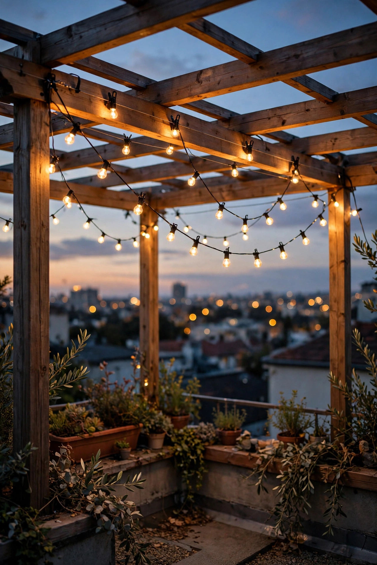 String lights secured with clips and guide wire on a rooftop pergola in evening light