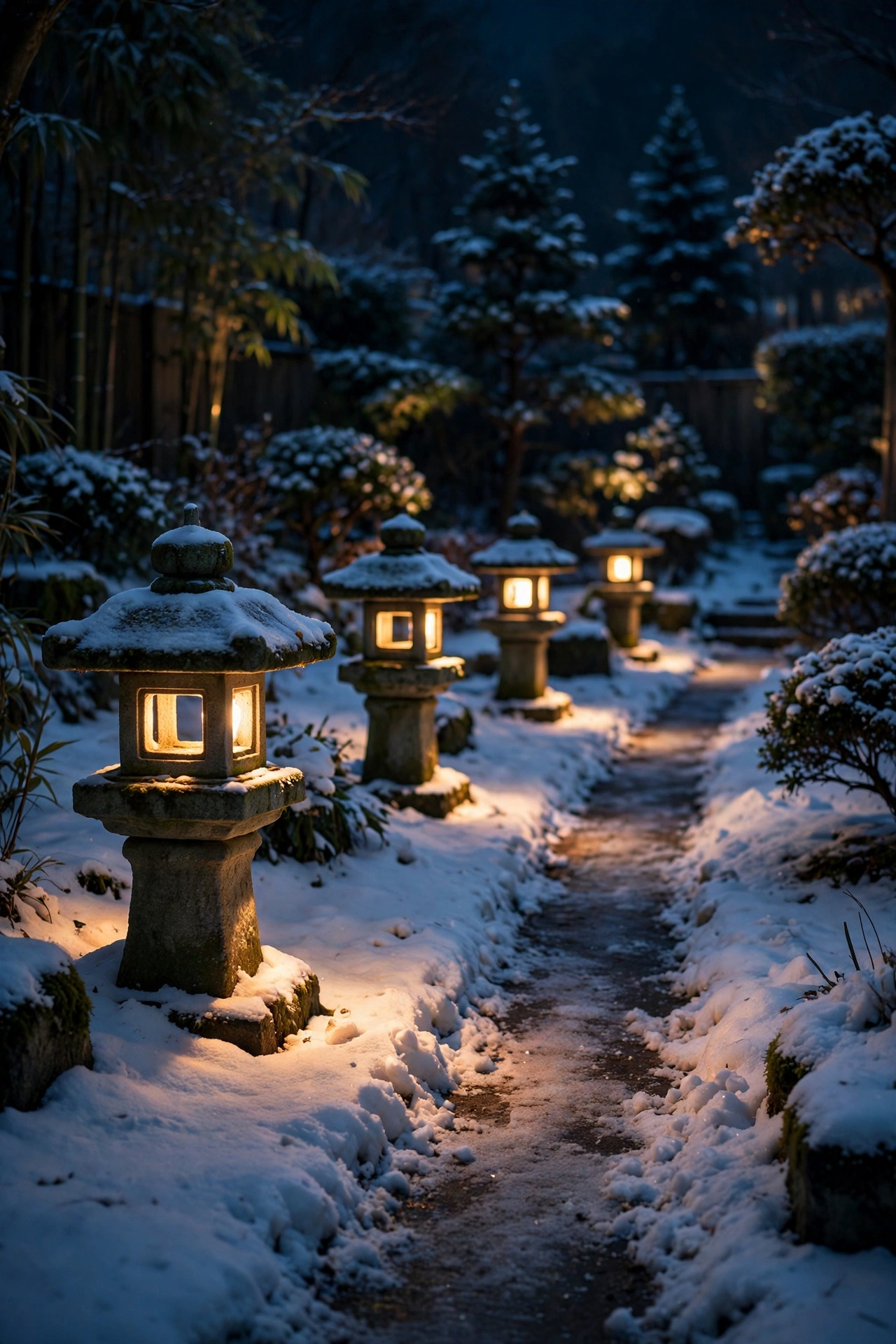 Cluster of glowing flameless lanterns of varying heights beside a snowy walkway