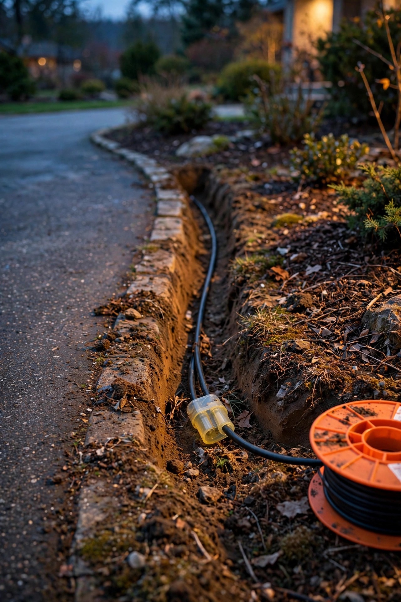 Hands burying low voltage landscape cable in a shallow trench along a driveway edge with waterproof connectors at dusk