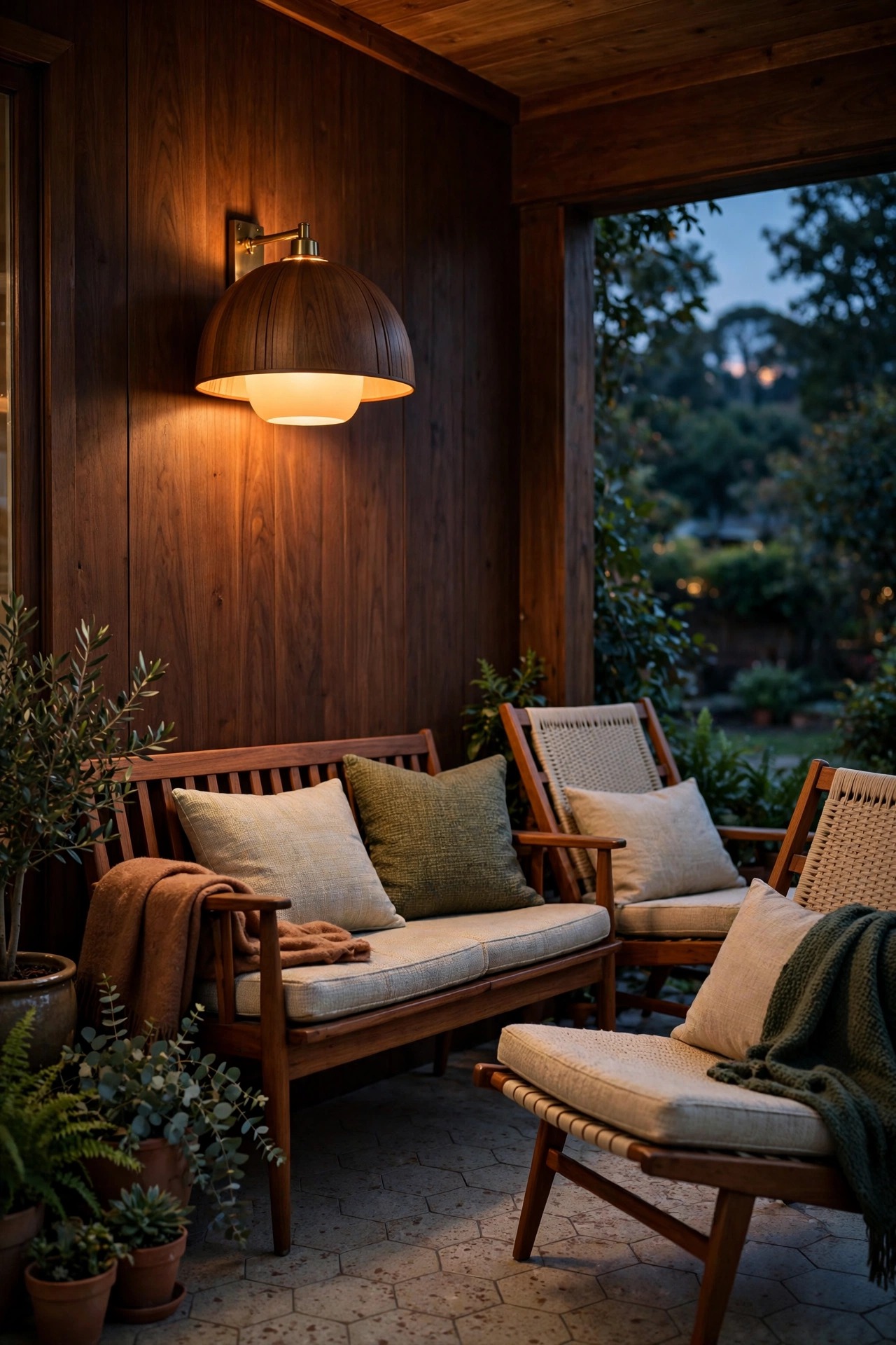 Walnut shade wall sconce glowing over a teak bench and lounge chairs in a cozy mid-century porch seating corner at dusk